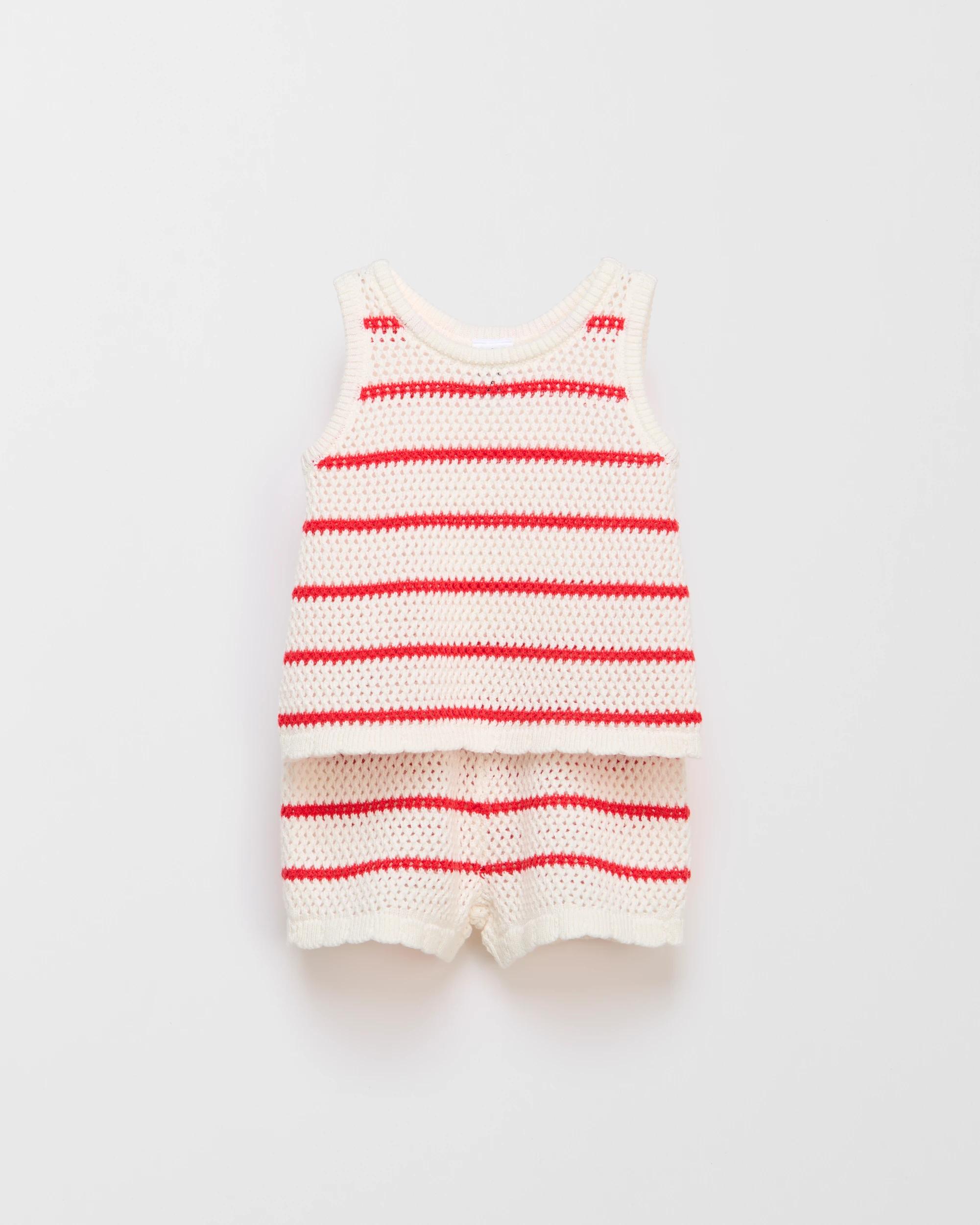 1 Target Organic Cotton Baby Crochet Top And Short 2 Piece Set RED/CREAM STRIPE, 1 of 3