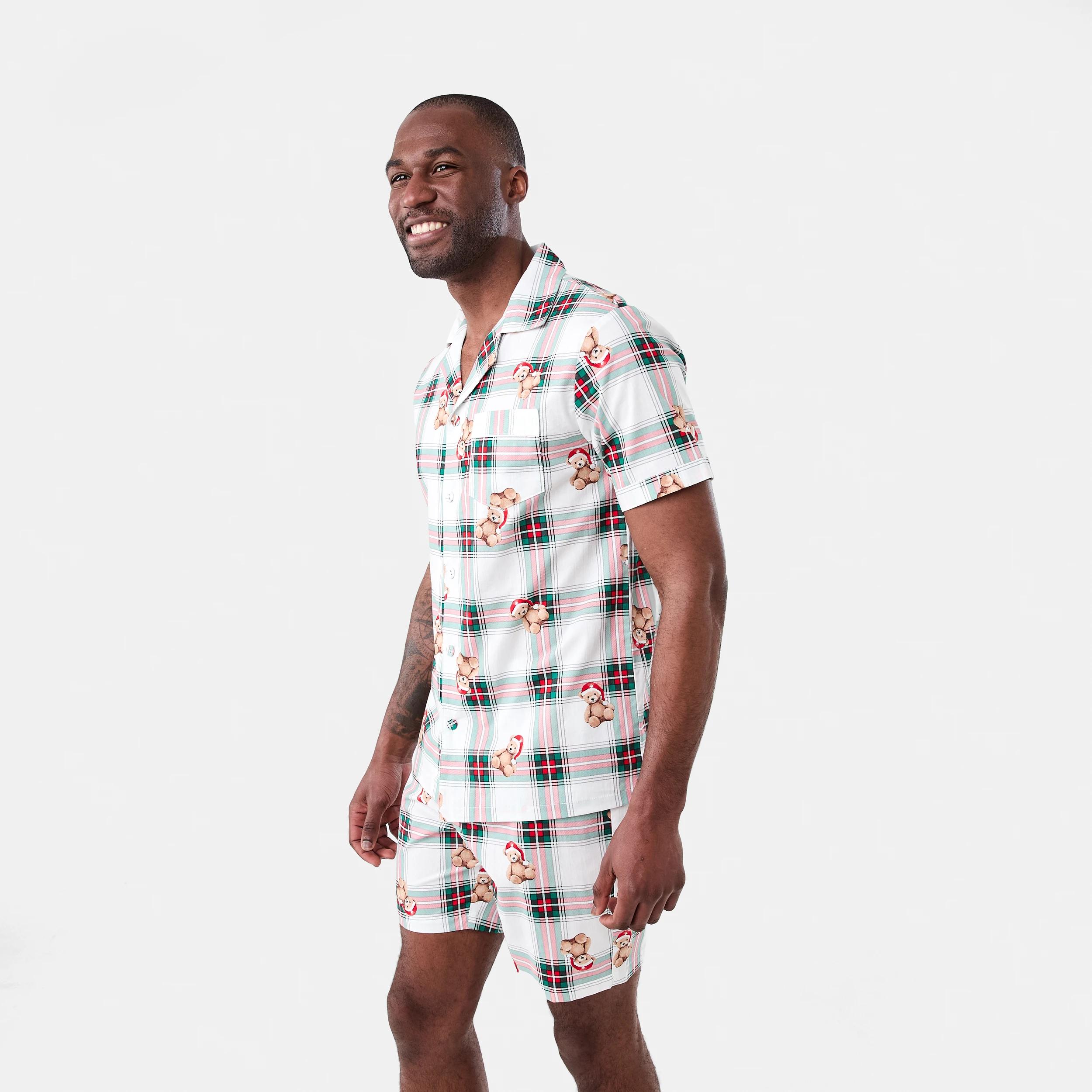 2 Christmas Short Sleeve Button Through Woven Family Matching Pyjama Set BEAR CHECK OFF WHITE, 2 of 8