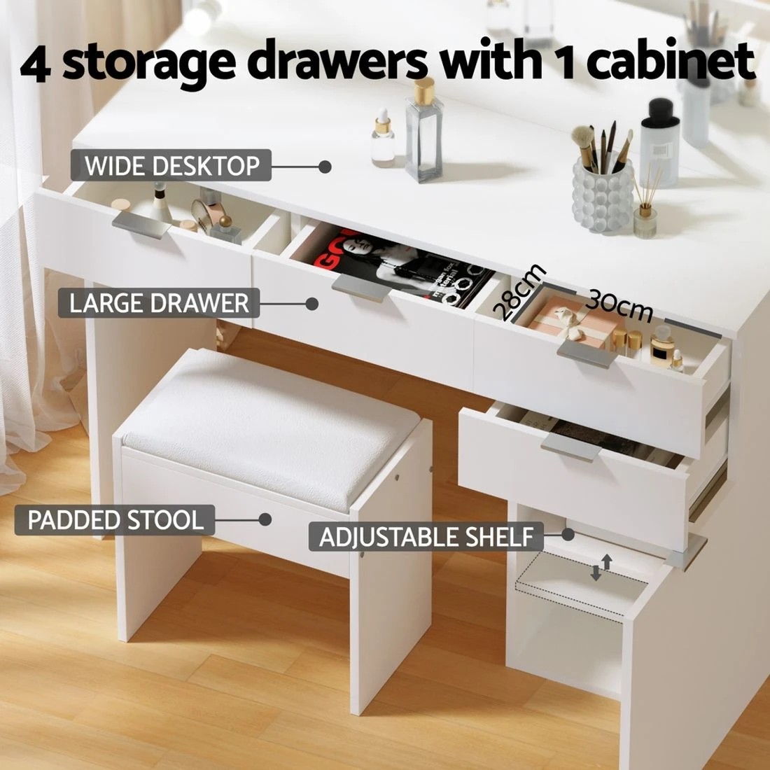 7 Artiss Dressing Table Set Stool 10 Led Bulbs - White, 7 of 8