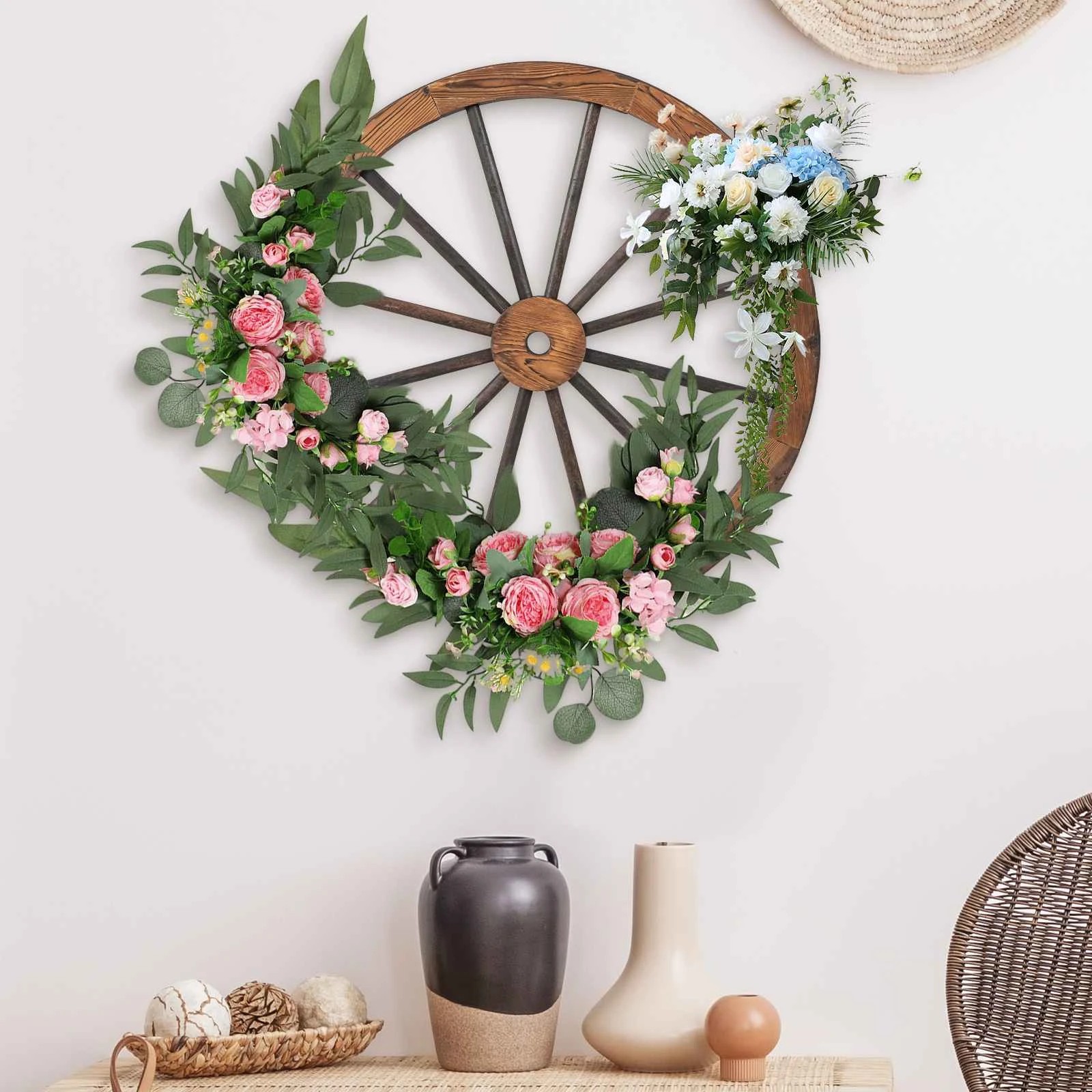 2 Costway 4PCS 76cm Decorative Wood Wagon Wheels Hanging Wall Decor Garden Outdoor Ornament, 2 of 3