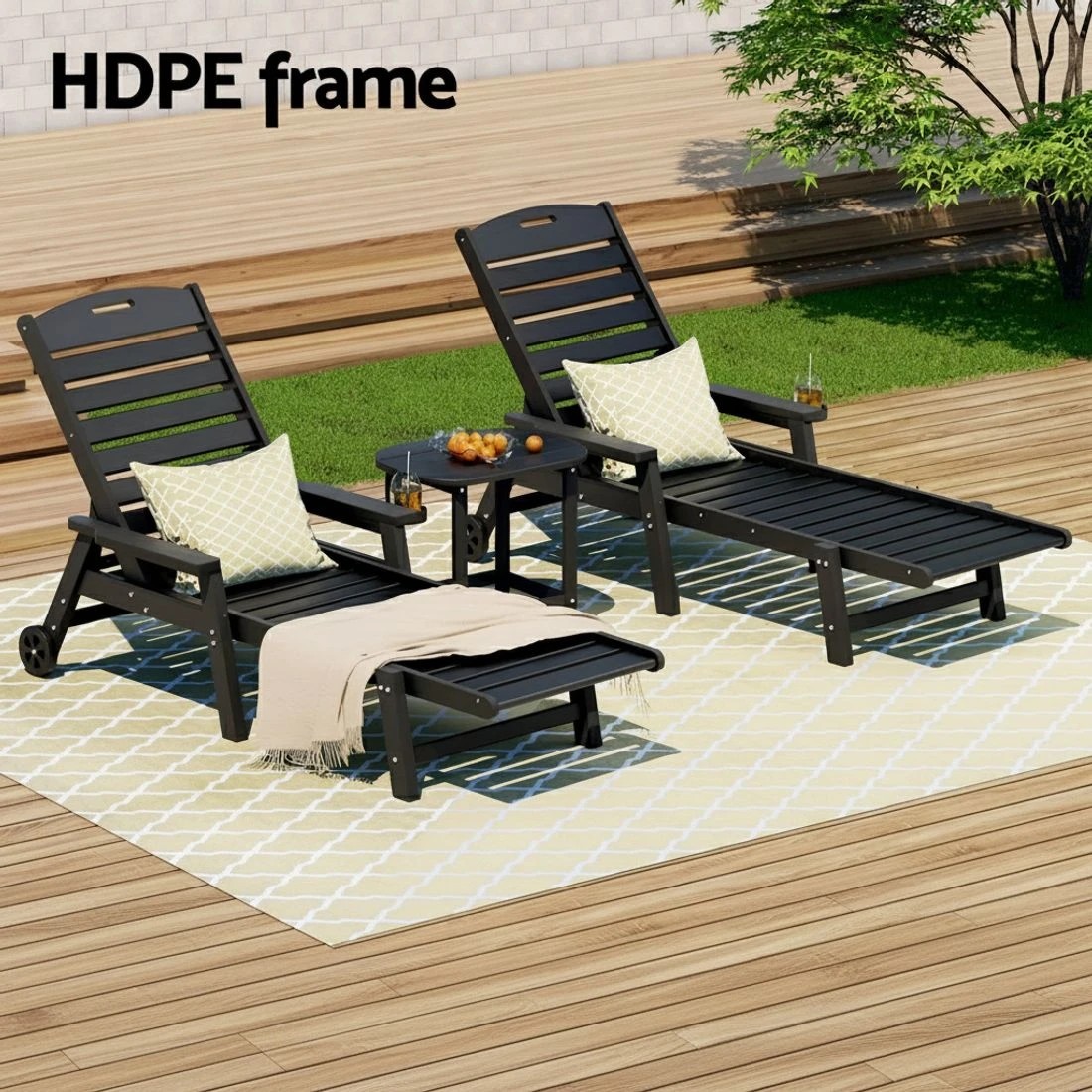 3 Gardeon Sun Lounge Lounger Beach Chair HDPE Patio Outdoor Furniture with Wheels - Black, 3 of 6