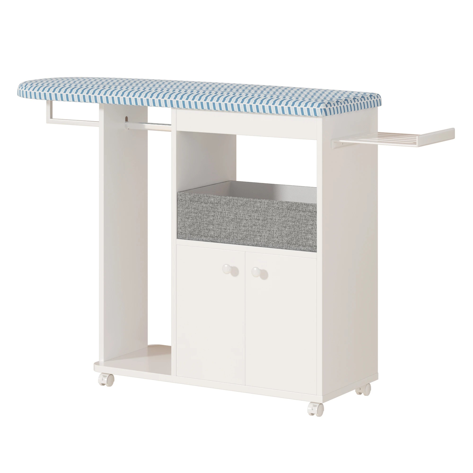 1 Advwin Ironing Board on Wheels with Storage Cabinet Iron Rack Hanger Rod Fabric Drawer - White, 1 of 10
