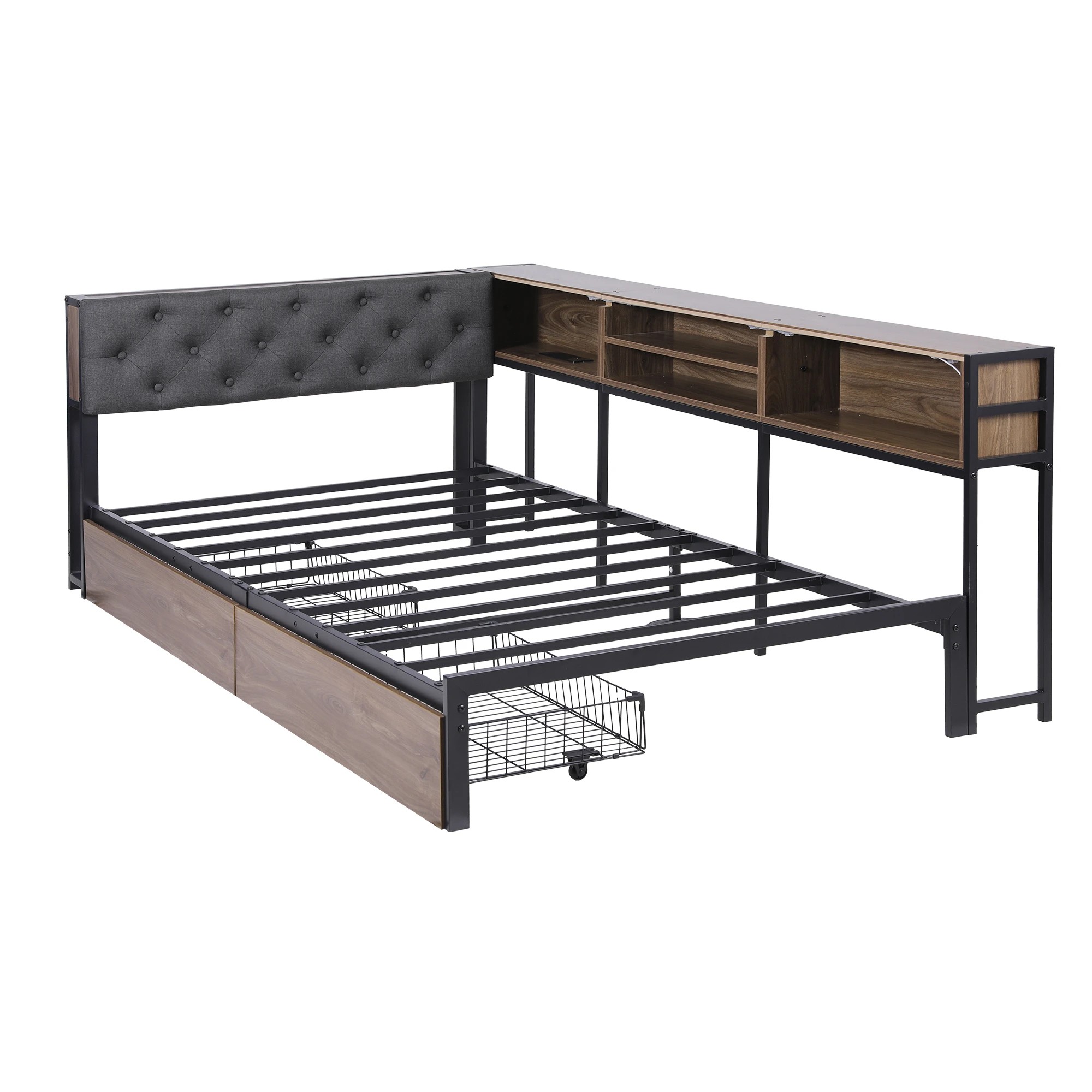 1 Artiss Bed Frame King Single Size with 2 Drawers and Charging Station Metal Corner - Multi, 1 of 9
