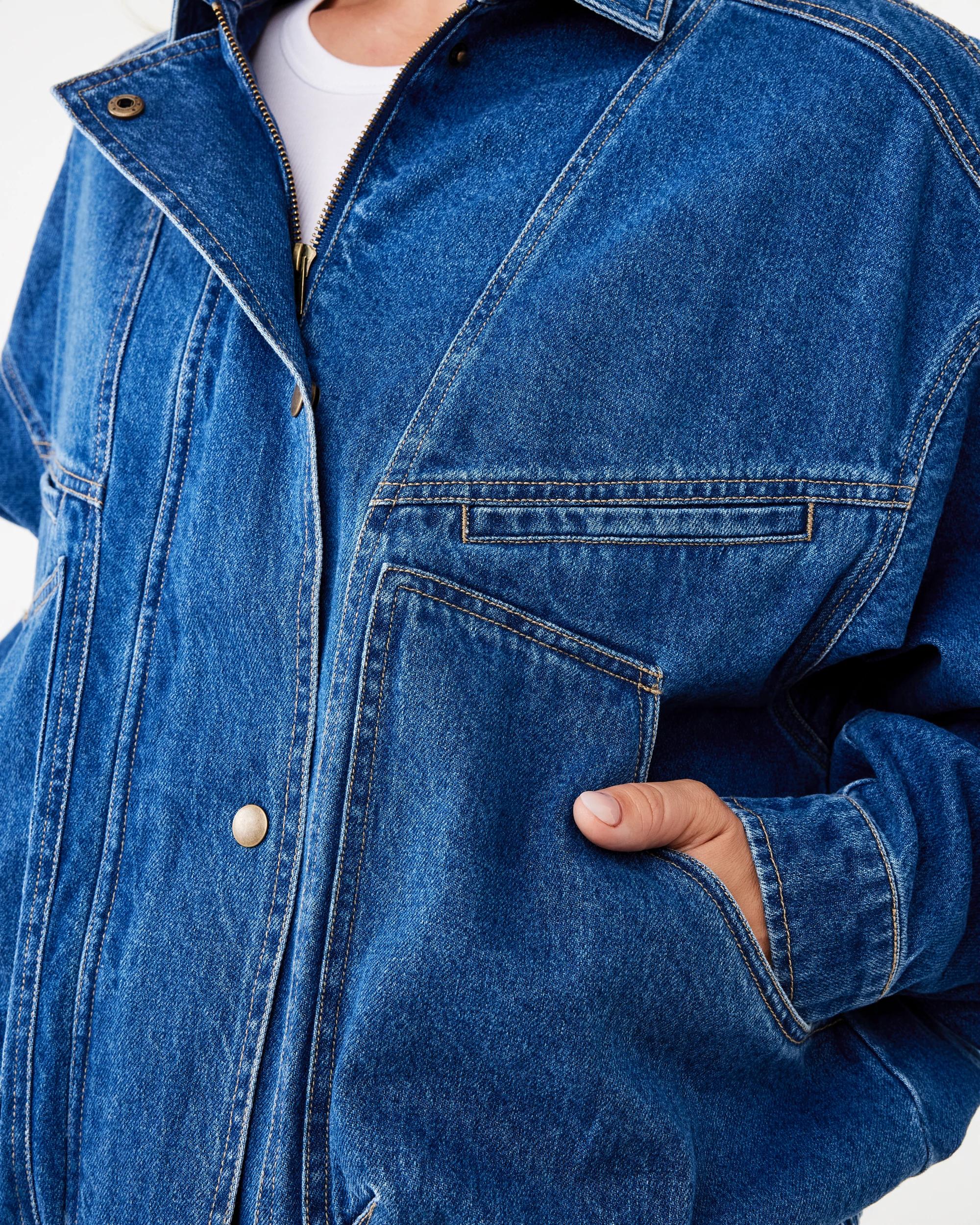 7 Oversized Denim Bomber Jacket Mid Wash, 7 of 7