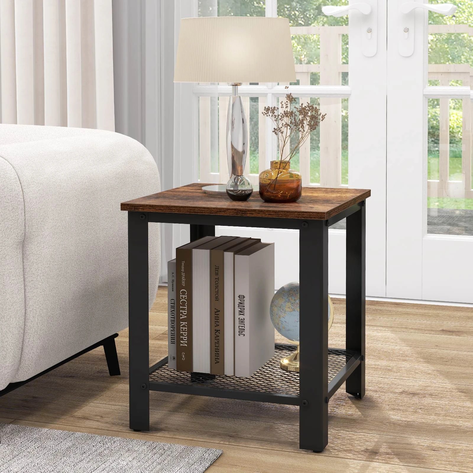 2 Costway 2-Tier End Table Square Sofa Side Table w/Mesh Shelf - Brown, 2 of 5