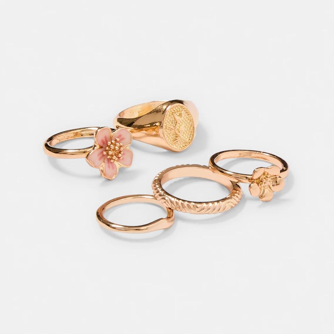 3 5 Pack Floral Rings - Pink and Gold Tone GOLD, 3 of 5