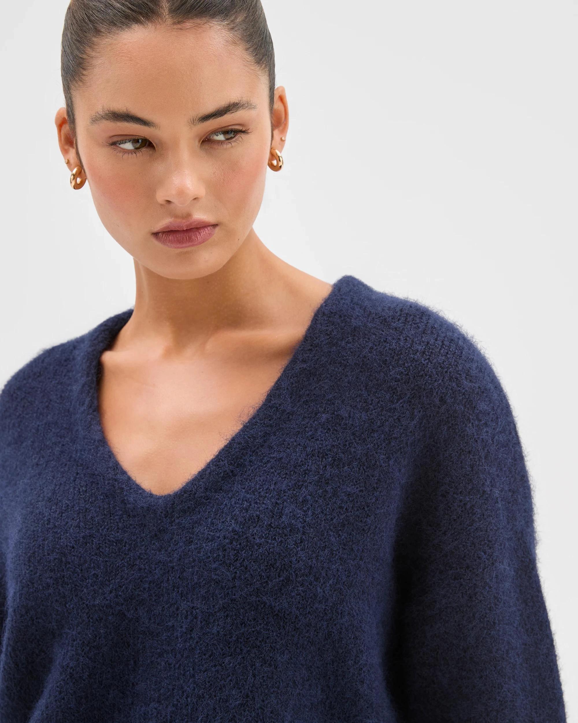 5 Lily Loves V-Neck Fluffy Knit Jumper DEEP NAVY, 5 of 7