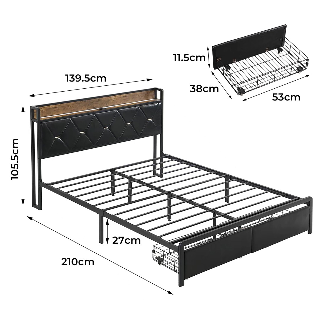 3 Levede D Size Bed Frame PU with LED and Charging Station, 3 of 5