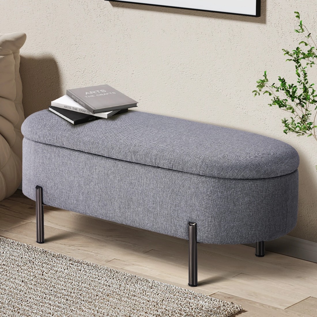 2 Oikiture Storage Ottoman Bench Oval Footstool Blanket Box Chest Toy Linen
 - Grey, 2 of 10