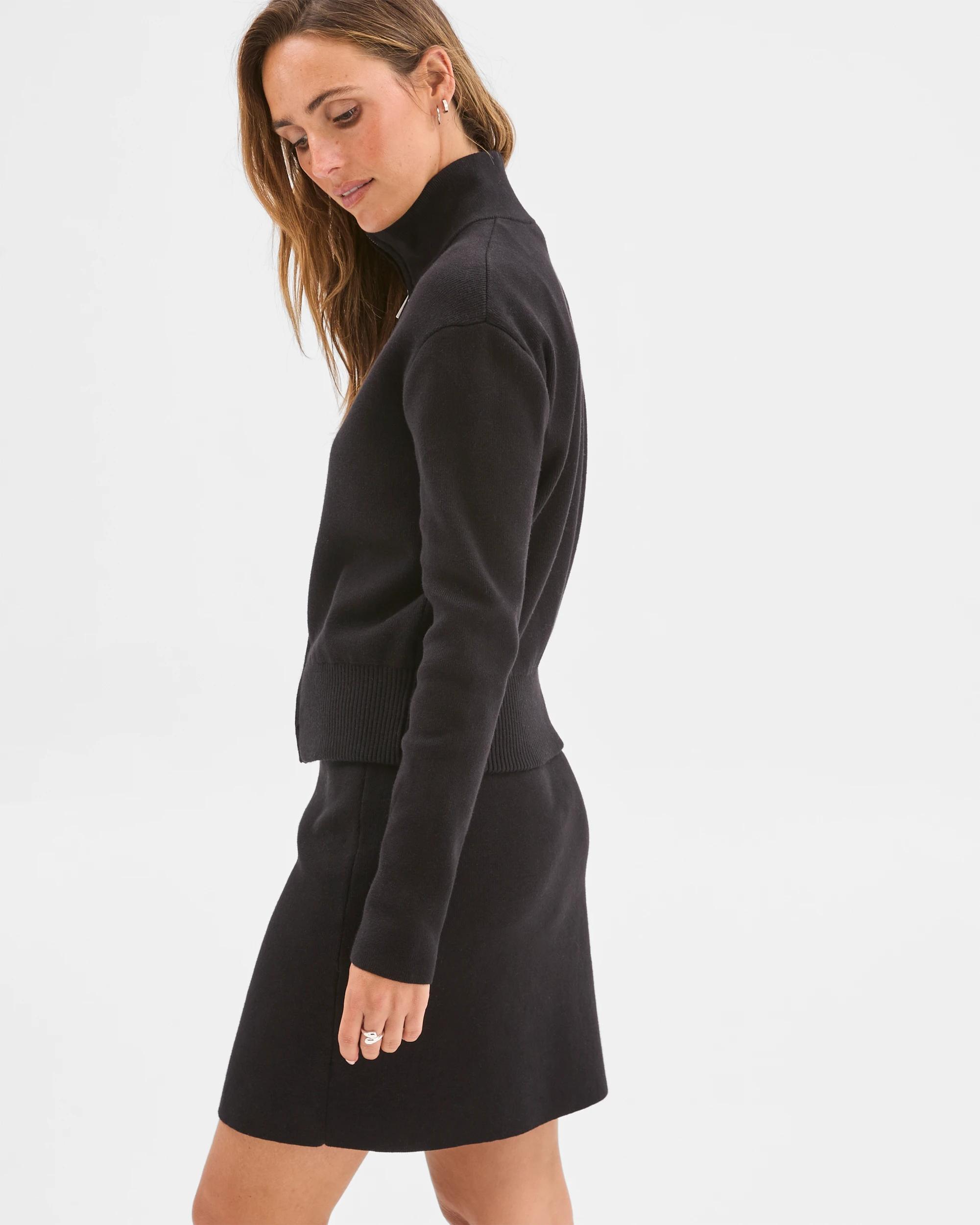 4 Preview Australian Cotton Blend Polished Knit Bomber Cardigan BLACK, 4 of 6