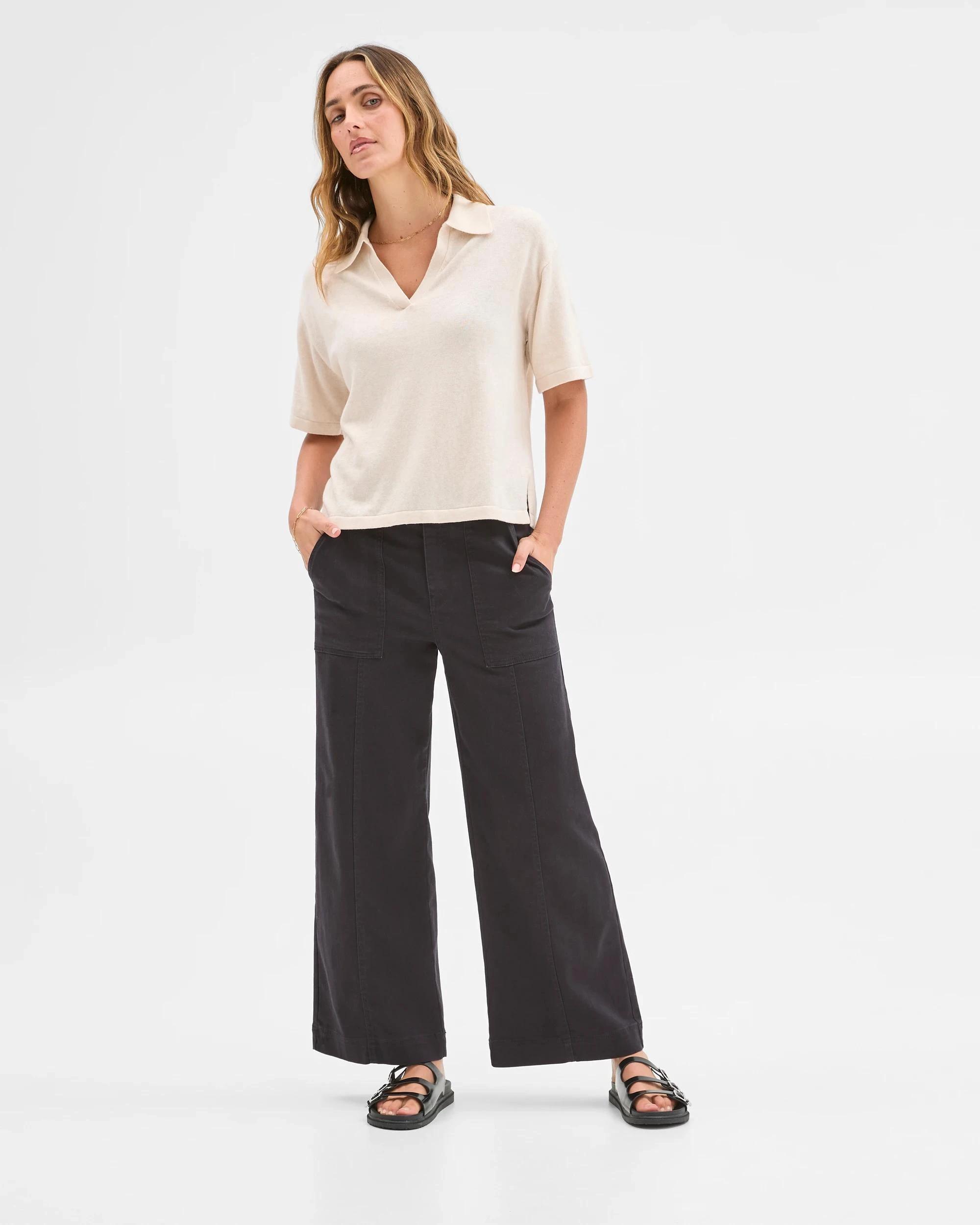 1 Target Woman Australian Cotton Blend Stretch Twill Wide Leg Pants BLACK, 1 of 6