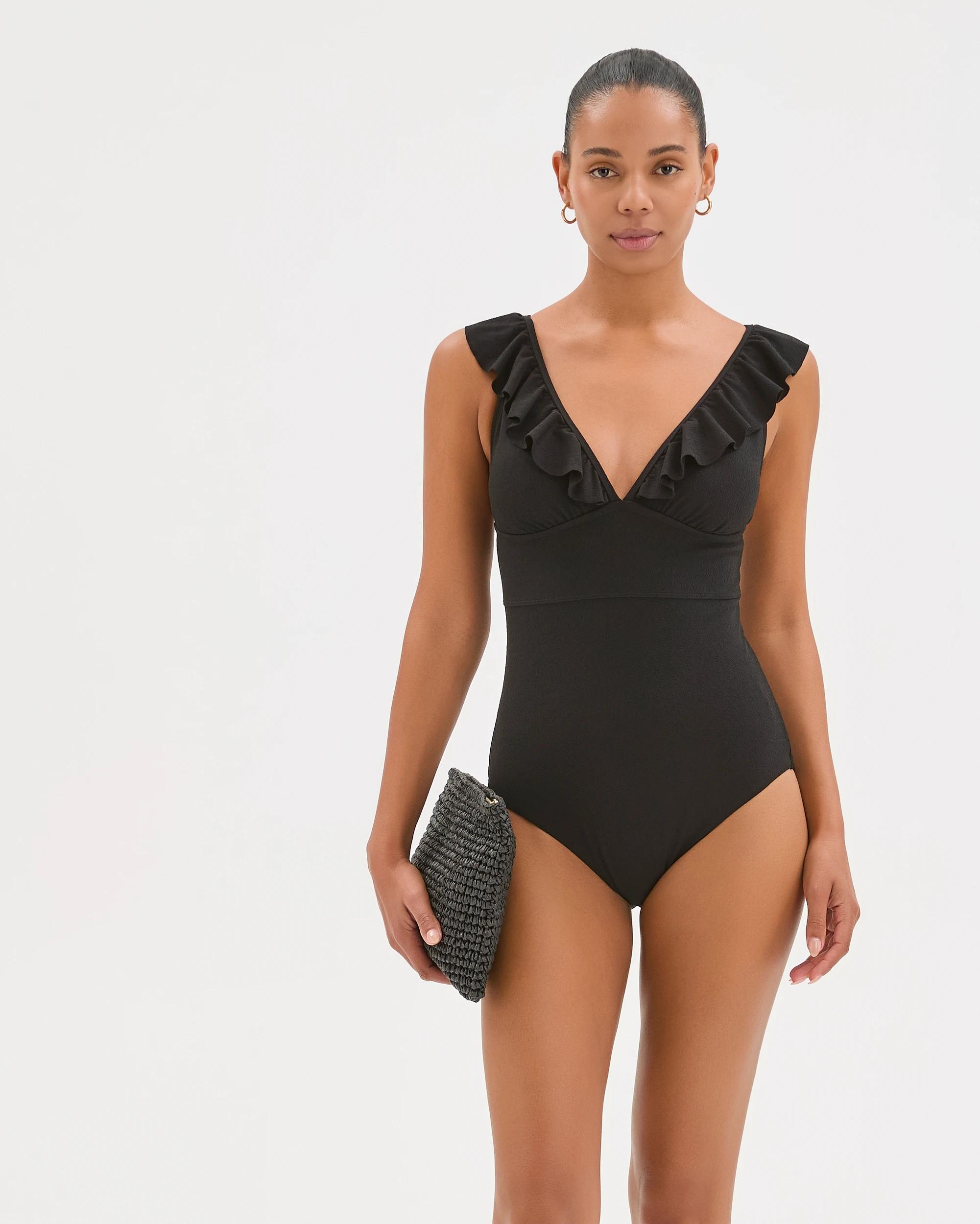 2 Target Woman Shape Your Body Resort V-Neck Frill Soft Textured One-Piece Swimsuit BLACK, 2 of 9