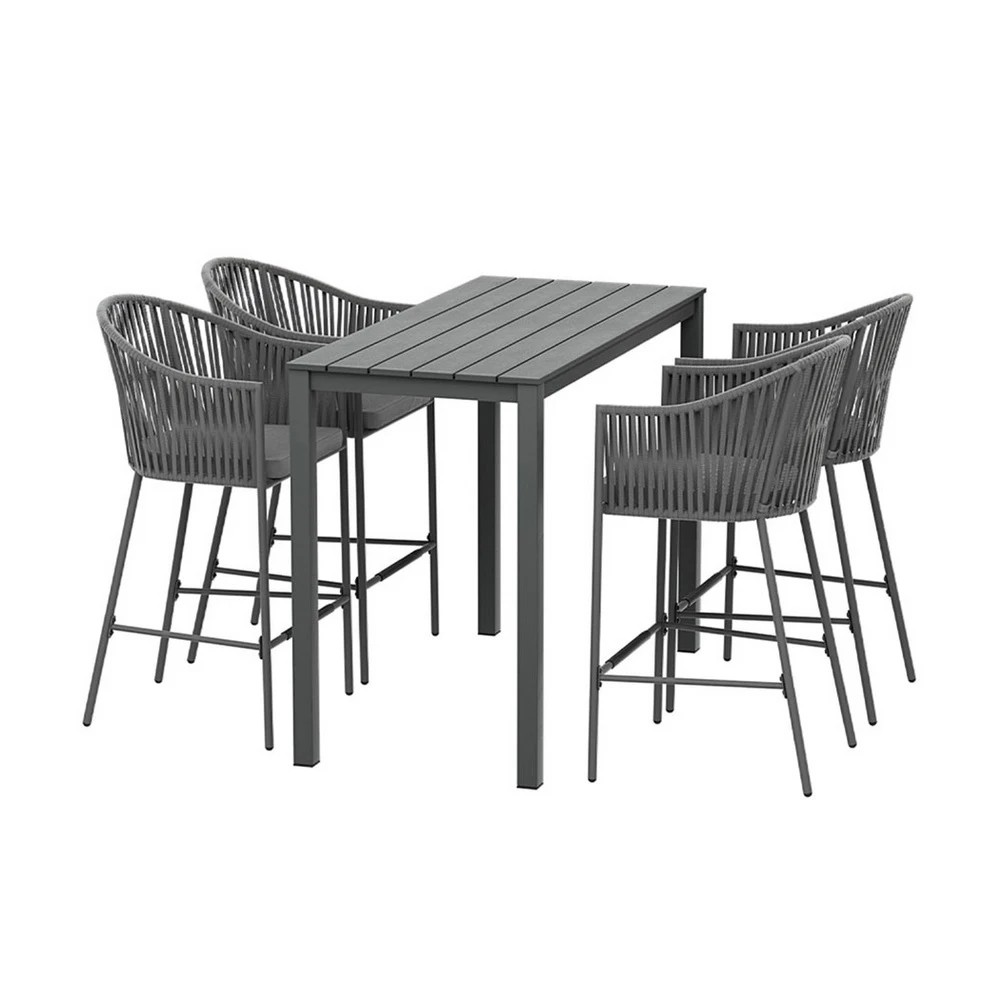 1 Gardeon 5-Piece Outdoor Bar Set Dining Table Rope Chair Patio Bistro Set - Grey, 1 of 3