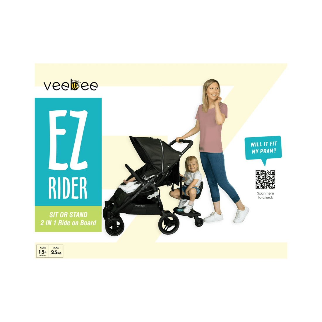 2 Vee Bee Ez Rider Stand Sit Toddler Tandem Seat Board Connector For Stroller Pram
 - Black, 2 of 9