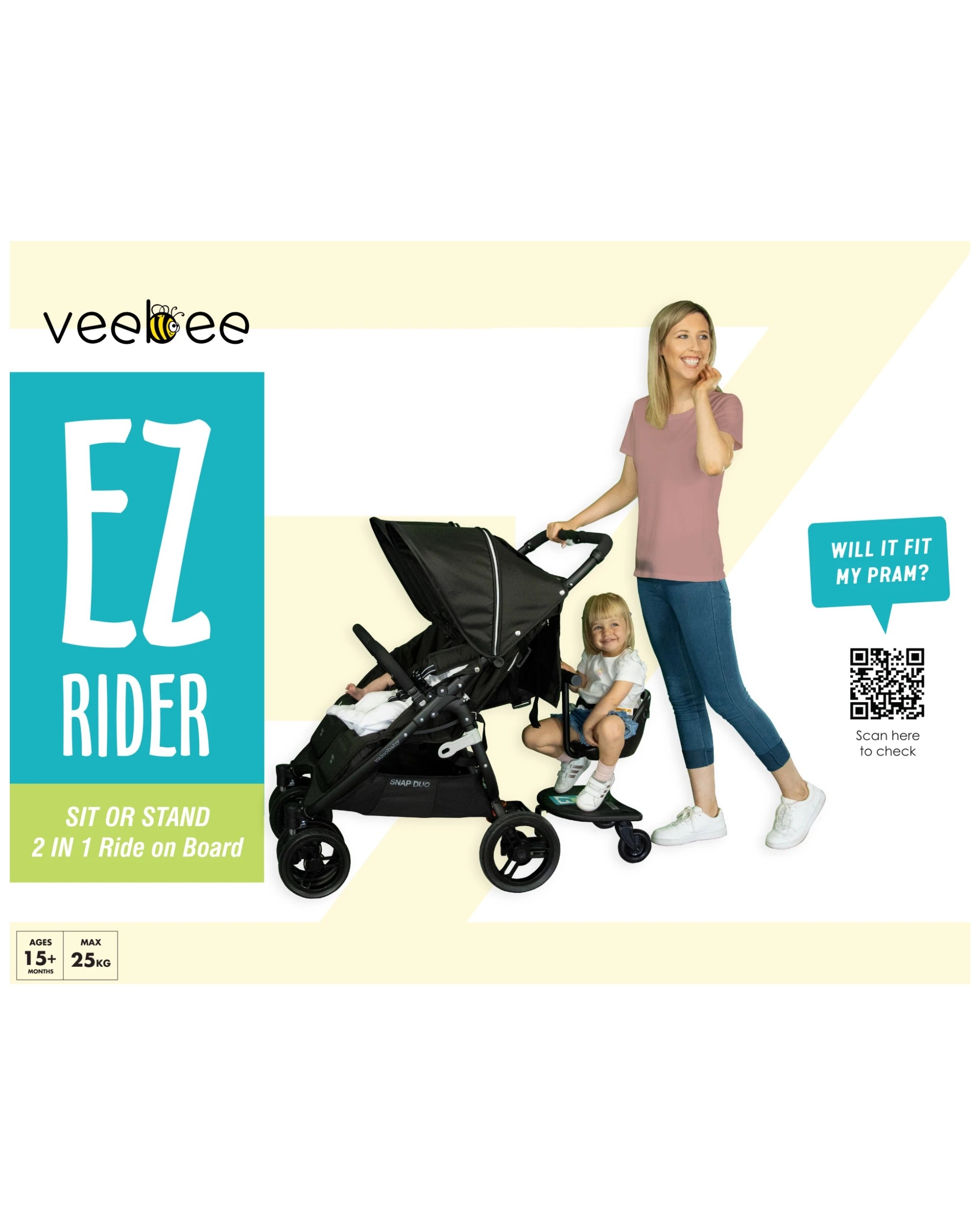 2 Vee Bee Ez Rider Stand Sit Toddler Tandem Seat Board Connector For Stroller Pram
 - Black, 2 of 9