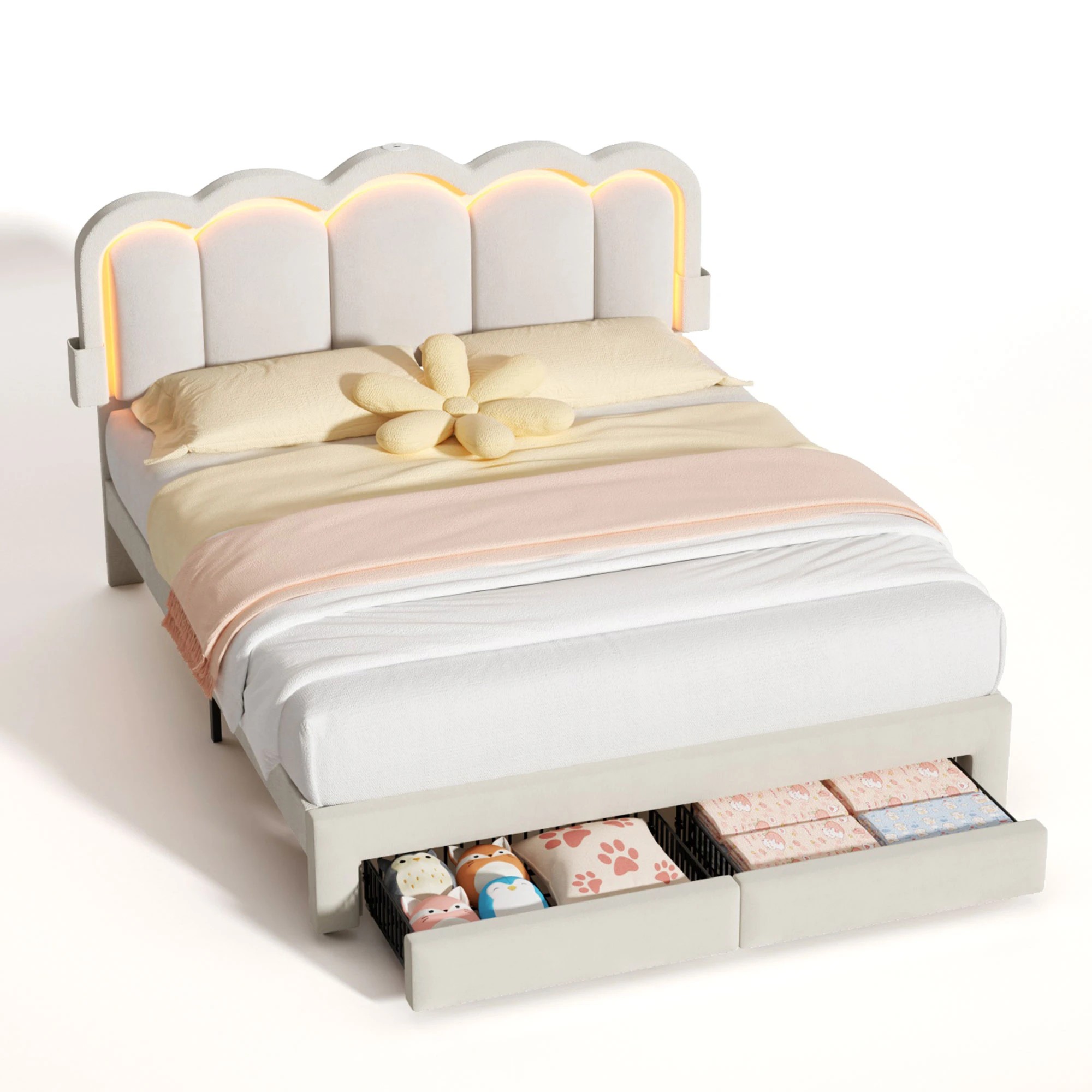 1 Advwin LED Bed Frame with Adjustable Headboard and 2 Storage Drawers USB Velvet Double - Beige, 1 of 8