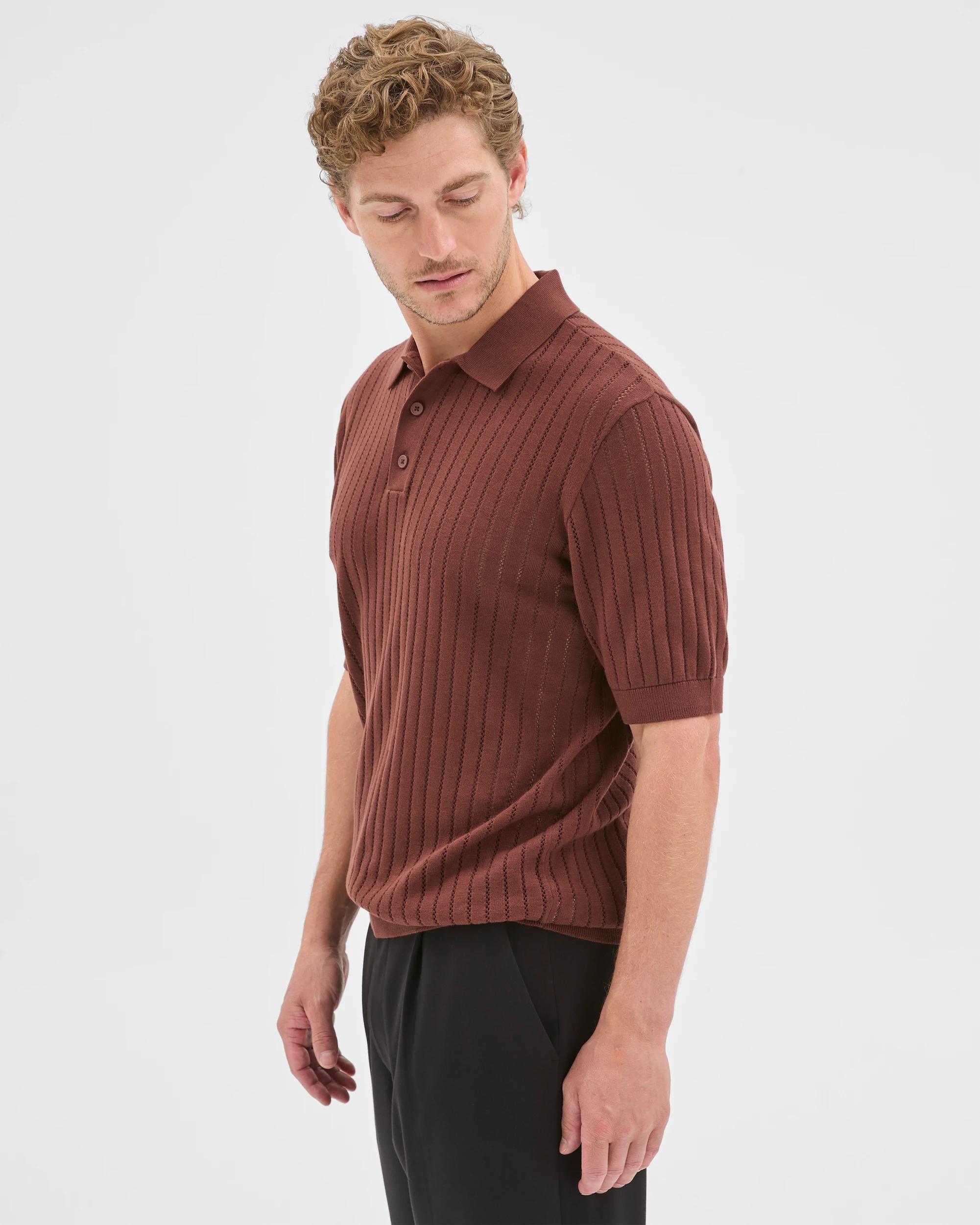 3 Preview Australian Cotton Pointelle Polo Top BROWN STONE, 3 of 6