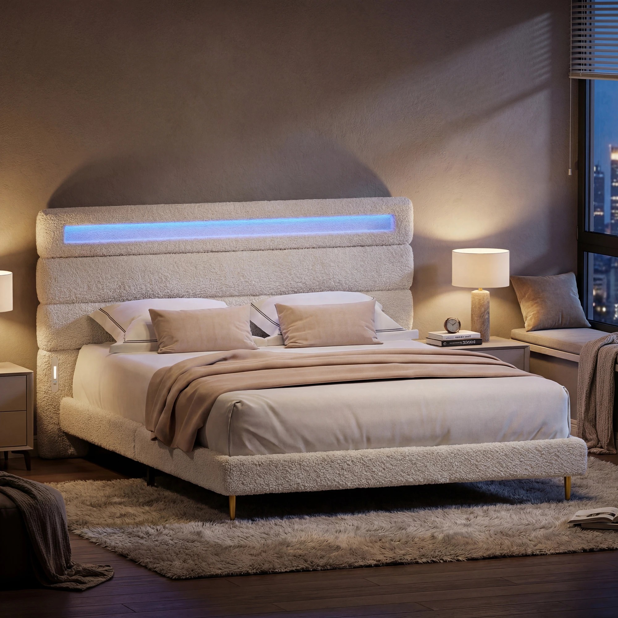 7 Advwin Double Cloud Bed Frame Teddy Fleece Upholstered LED Light Charging Ports - White, 7 of 8