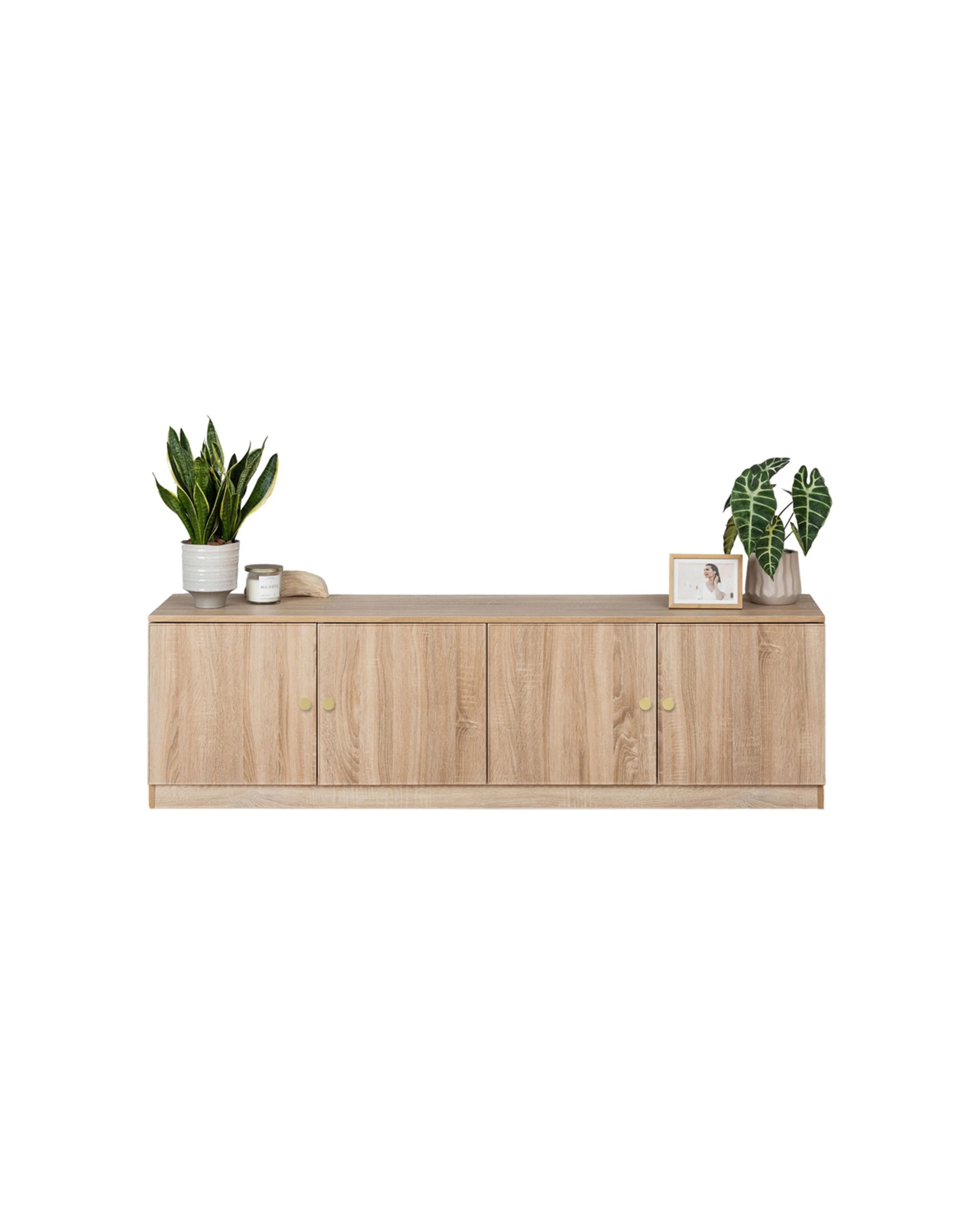 2 European Cabinetry Bucharest Oak Slim TV Unit Furniture Brass Round Handle - Natural, 2 of 4