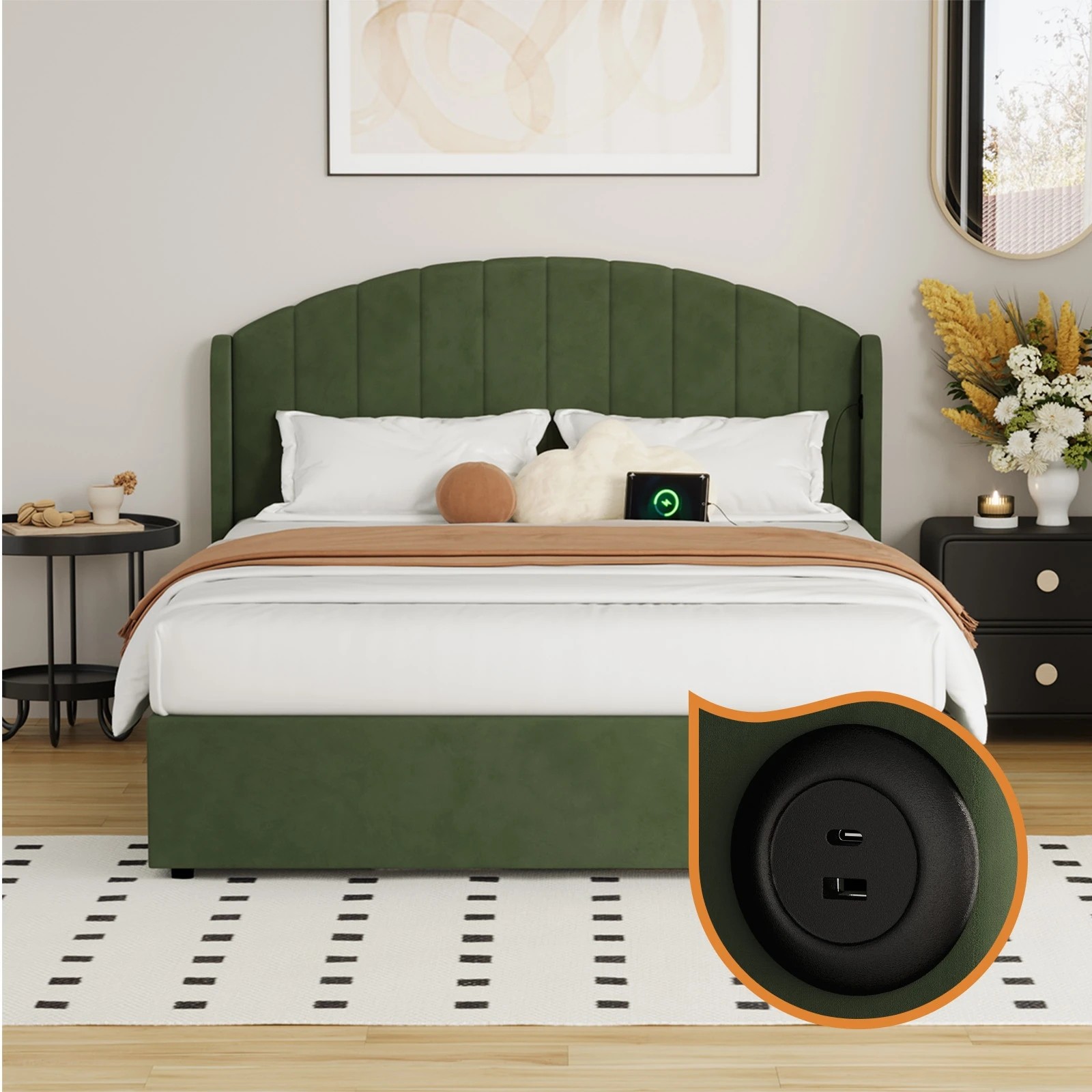 5 Oikiture Bed Frame Queen Size With Gas Lift Storage USB Charging Velvet - Green, 5 of 9