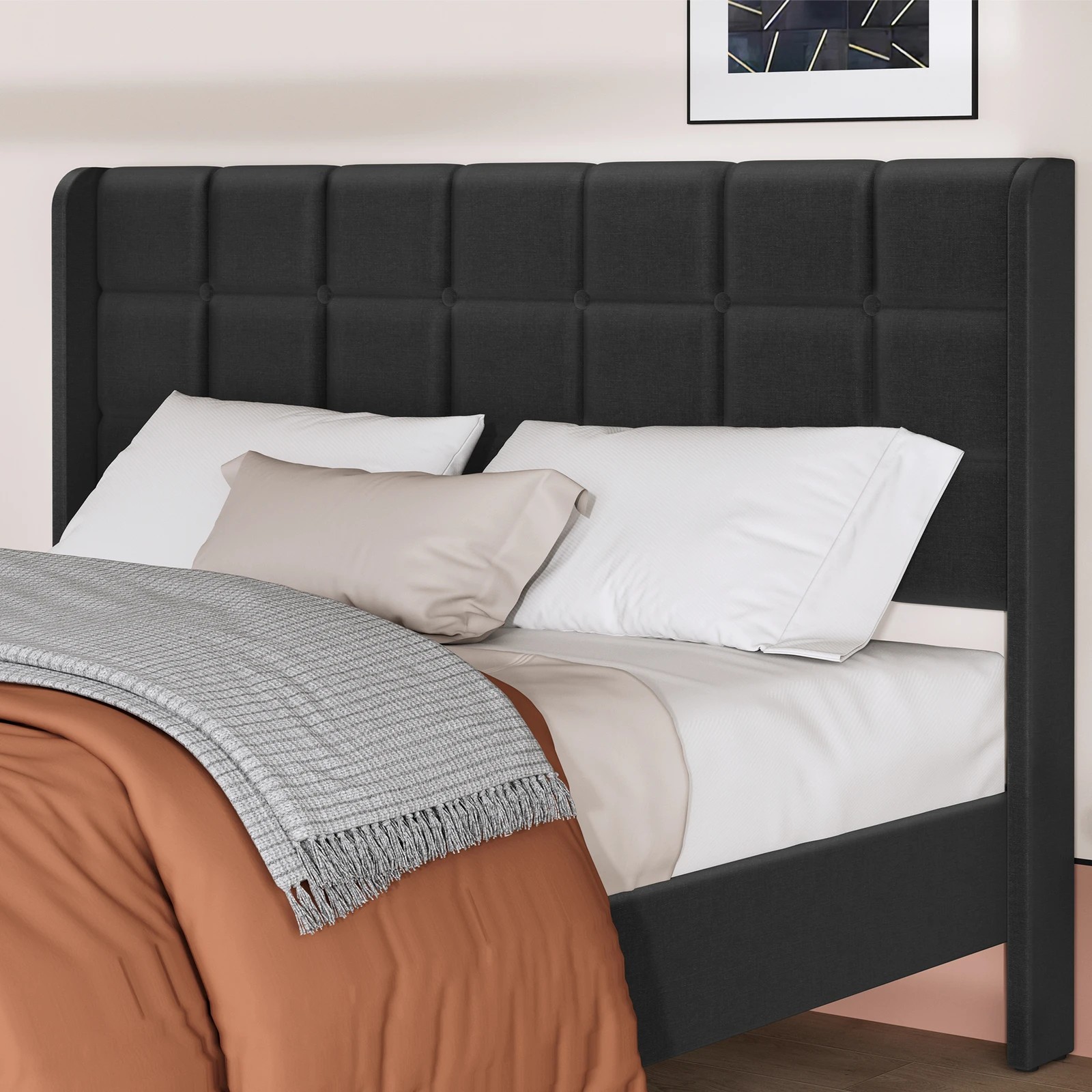 4 Alfordson Bed Frame Queen Size Upholstered Wingback Base Fabric Sarah - Charcoal, 4 of 10