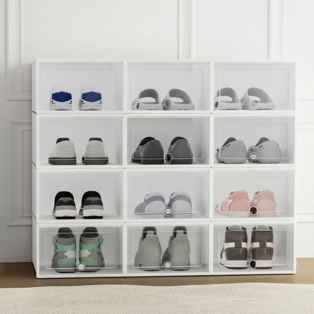 1 Artiss Shoe Box Rack DIY Set of 12 Stackable Clear Storage Easy Clean Closet Space Saving Easy Assembly - White, 1 of 8