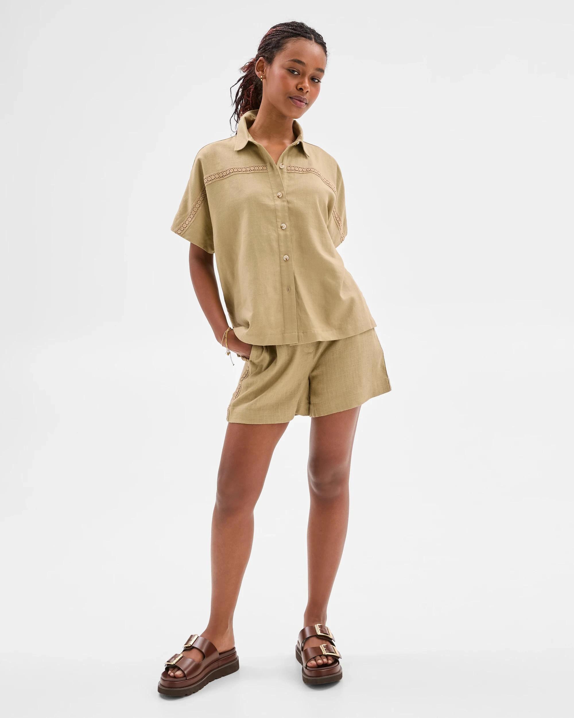 6 Target Petites Linen Blend Crochet Trim Shirt QUINOA, 6 of 6