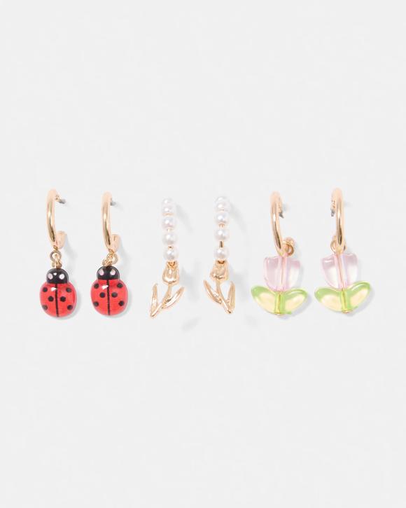 3 Pack Tulip Bug Hoop Earrings - Gold Tone