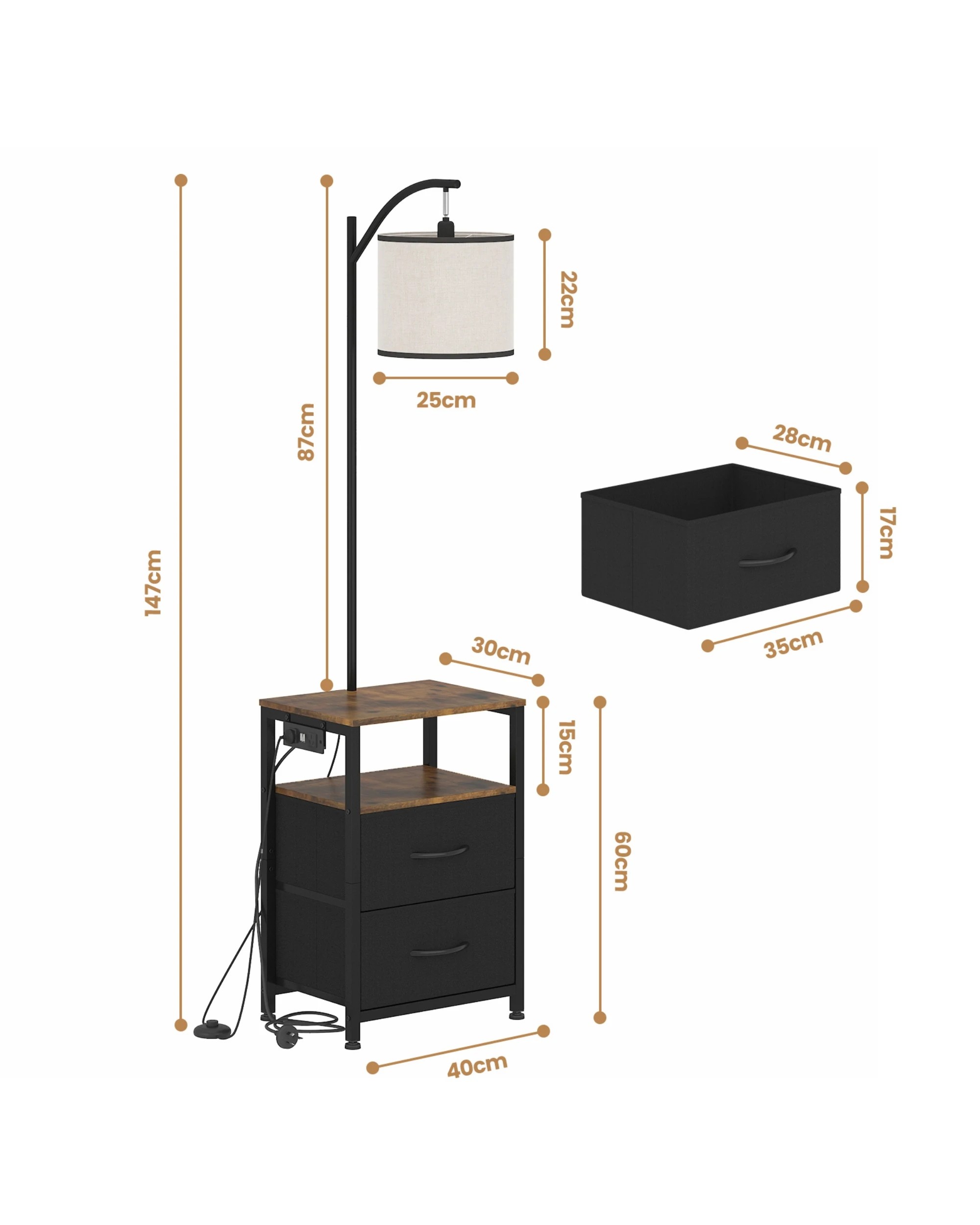 2 Advwin LED Side Table w/ Floor Lamp & 2 Drawers Nightstand with Charging Station - Black, 2 of 9