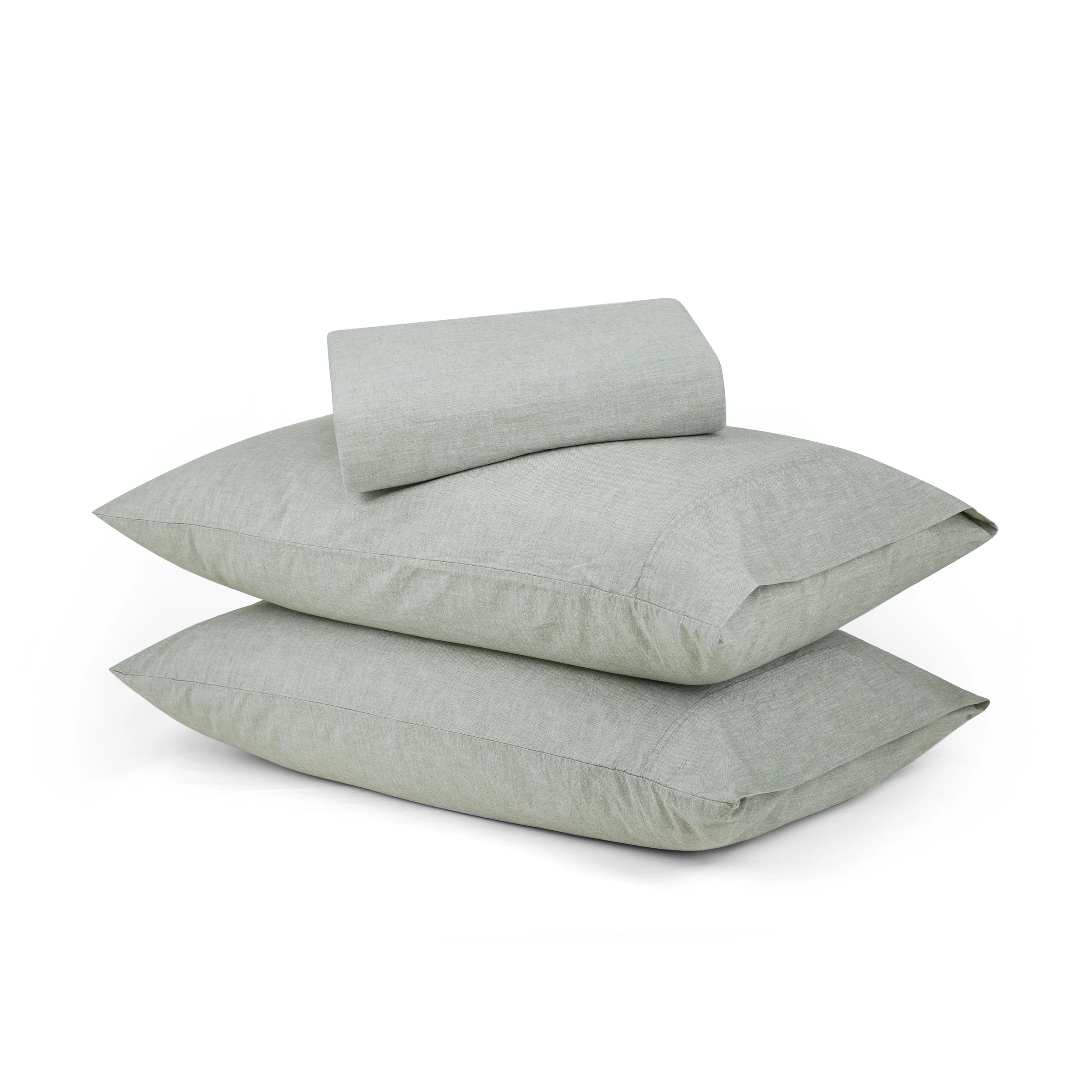 1 Stonewashed Chambray Cotton Sheet Set - Double Bed, Sage, 1 of 7
