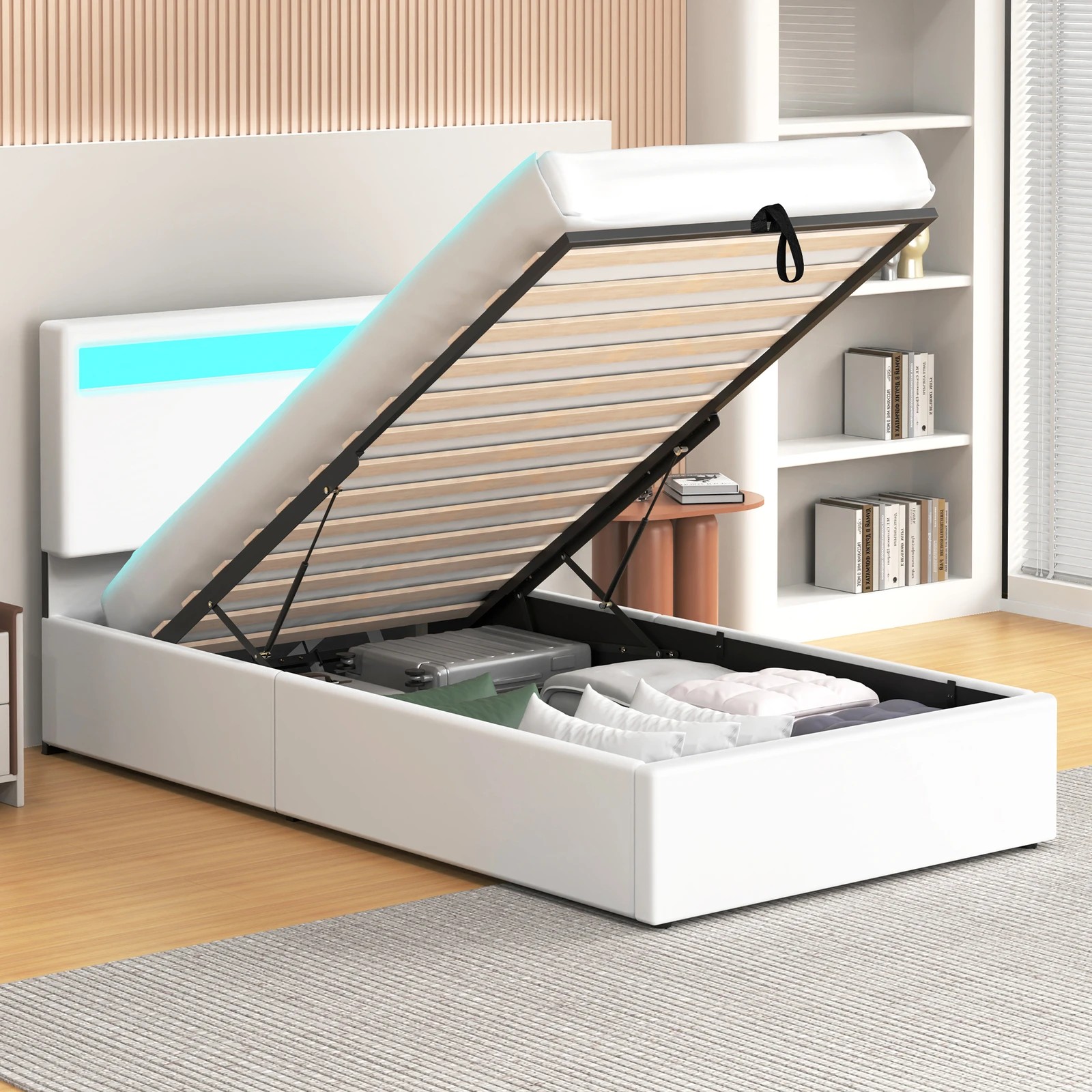 4 Alfordson Bed Frame Single Size RGB LED Gas Lift Storage Base Luchino - White, 4 of 10