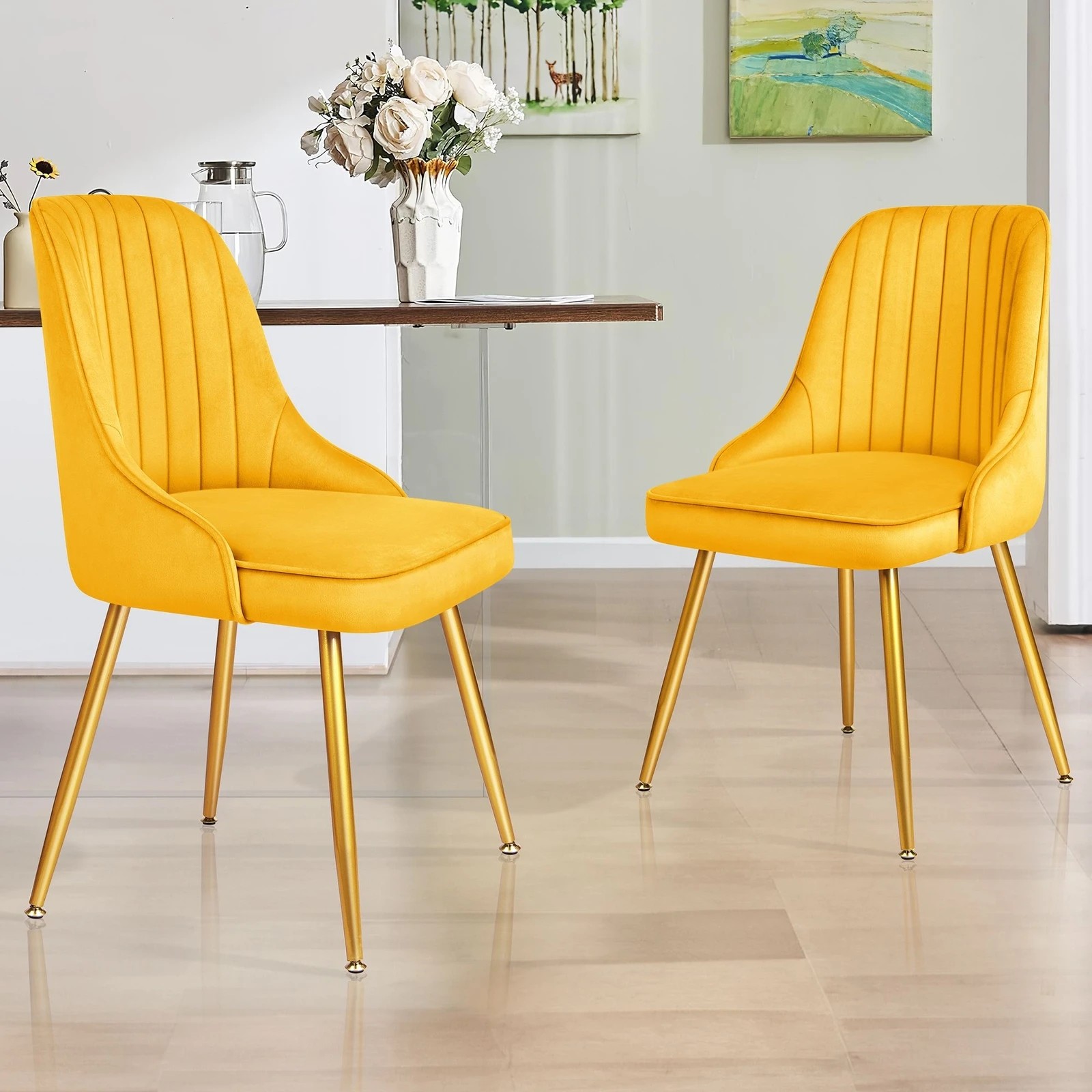 2 Alfordson 2x Dining Chairs Kitchen Accent Lounge Padded Tufted Seat Velvet - Yellow, 2 of 10