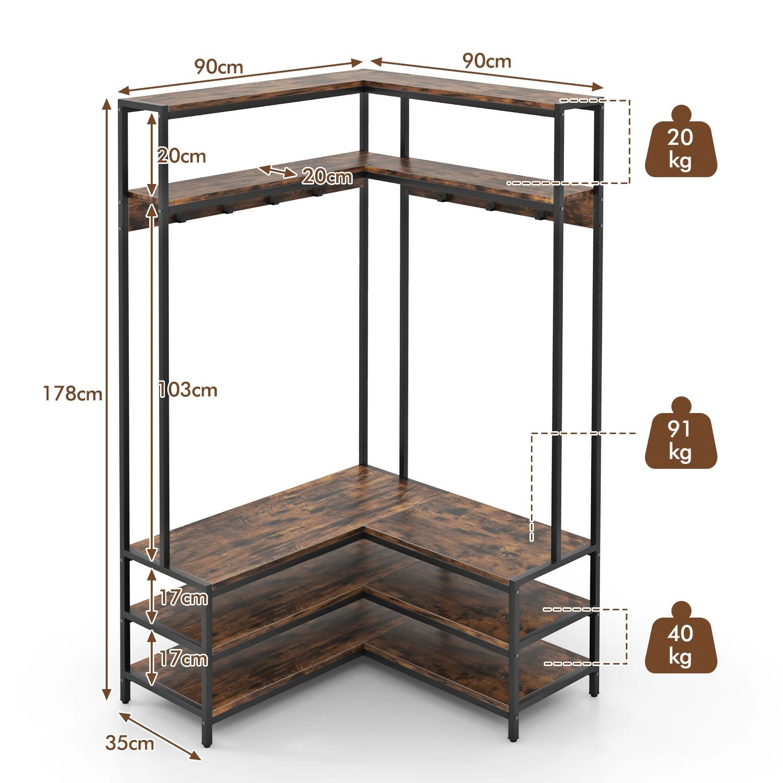 4 Costway 5-Tier Coat Rack L-shaped Corner Garment Display Shelf w/Shoe Storage Clothes Stand Organiser - Brown, 4 of 4