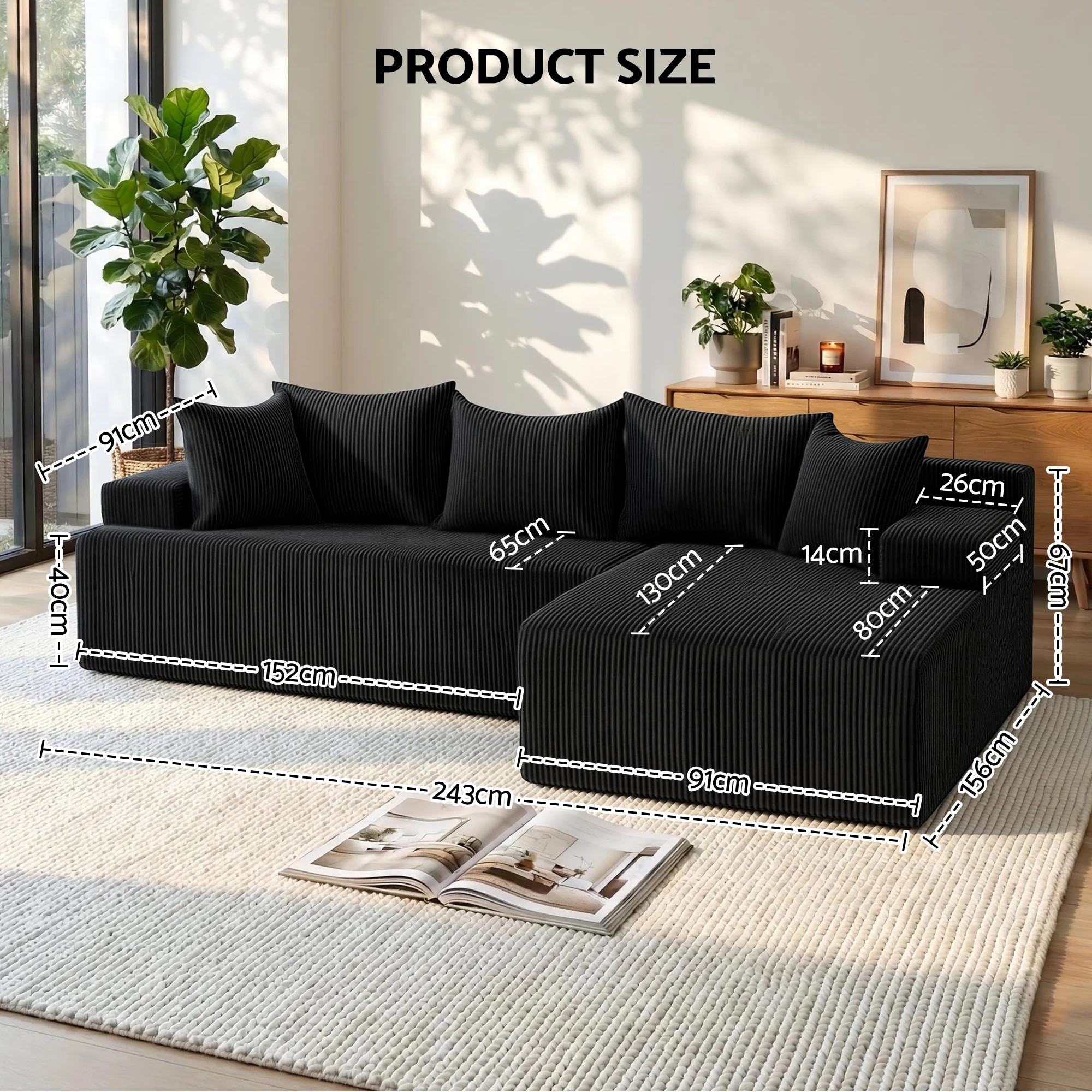 2 Artiss Modular Sectional Sofa Bed Convertible L-Shaped Couch with Deep Seat for - Black, 2 of 3