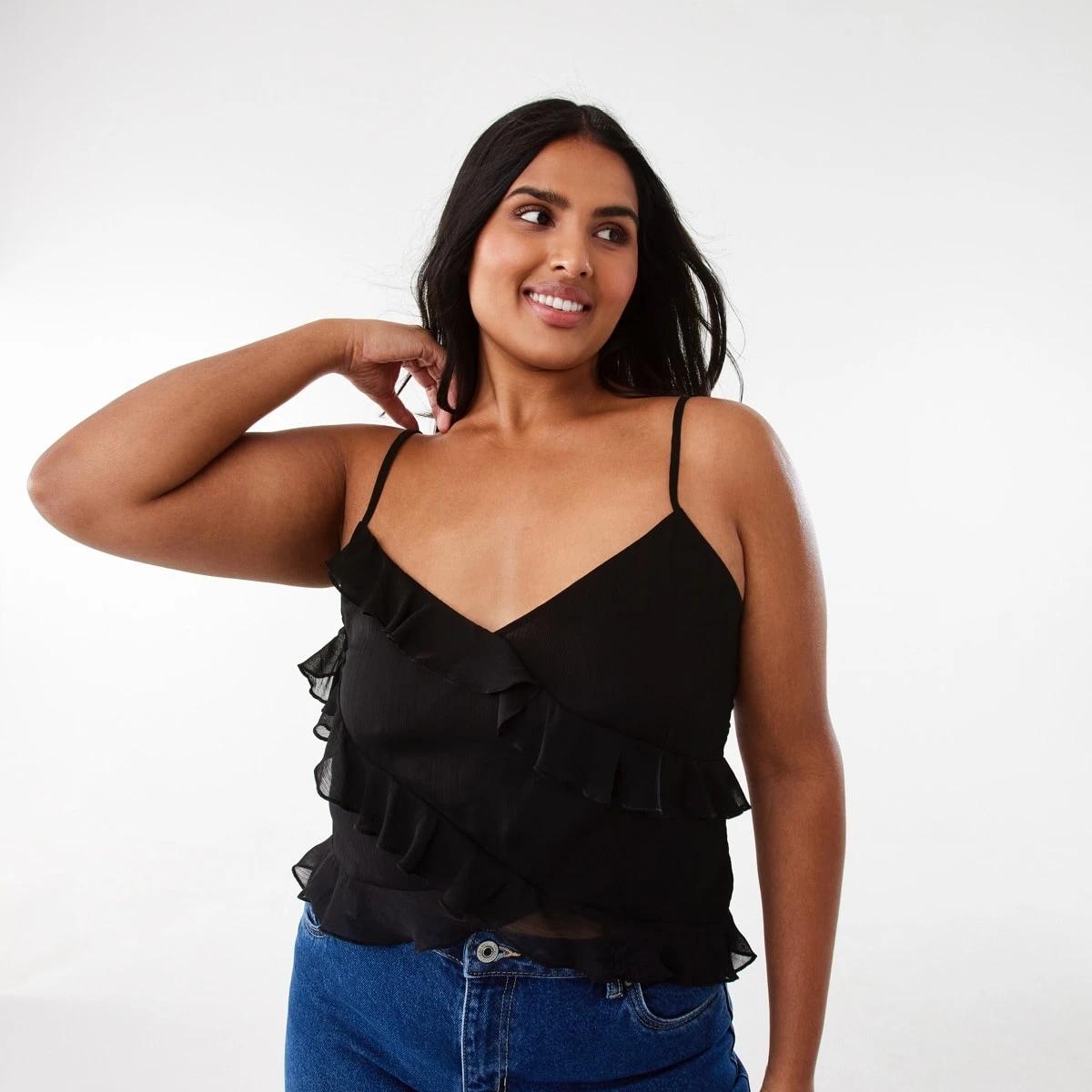 3 Sleeveless Asymmetrical Ruffle Cami Black, 3 of 10