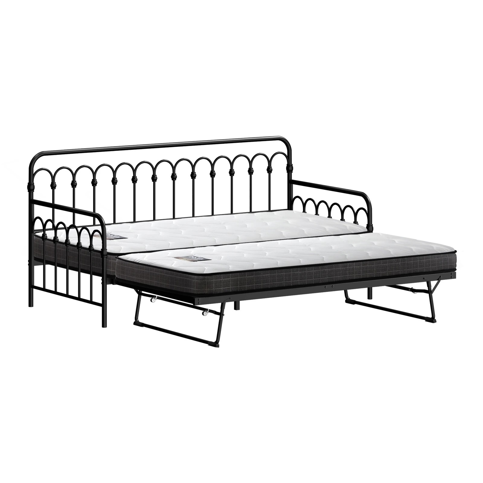 10 Oikiture Trundle Bed Frame Daybed Single Size Metal Base with Mattress x2 - Black, 10 of 10