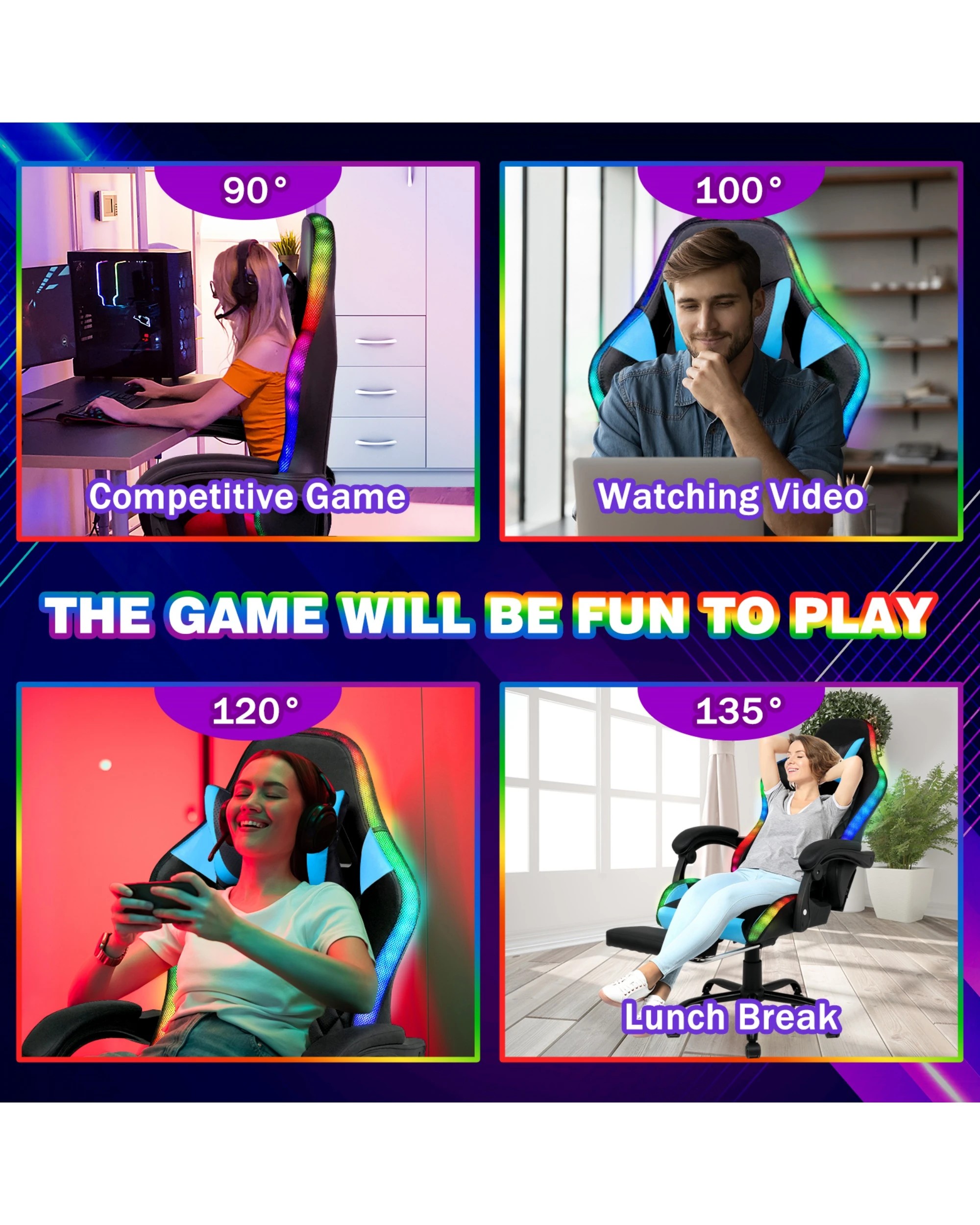 2 Advwin Gaming Chair with Massagers LED Lights 135° Recline - Blue, 2 of 3