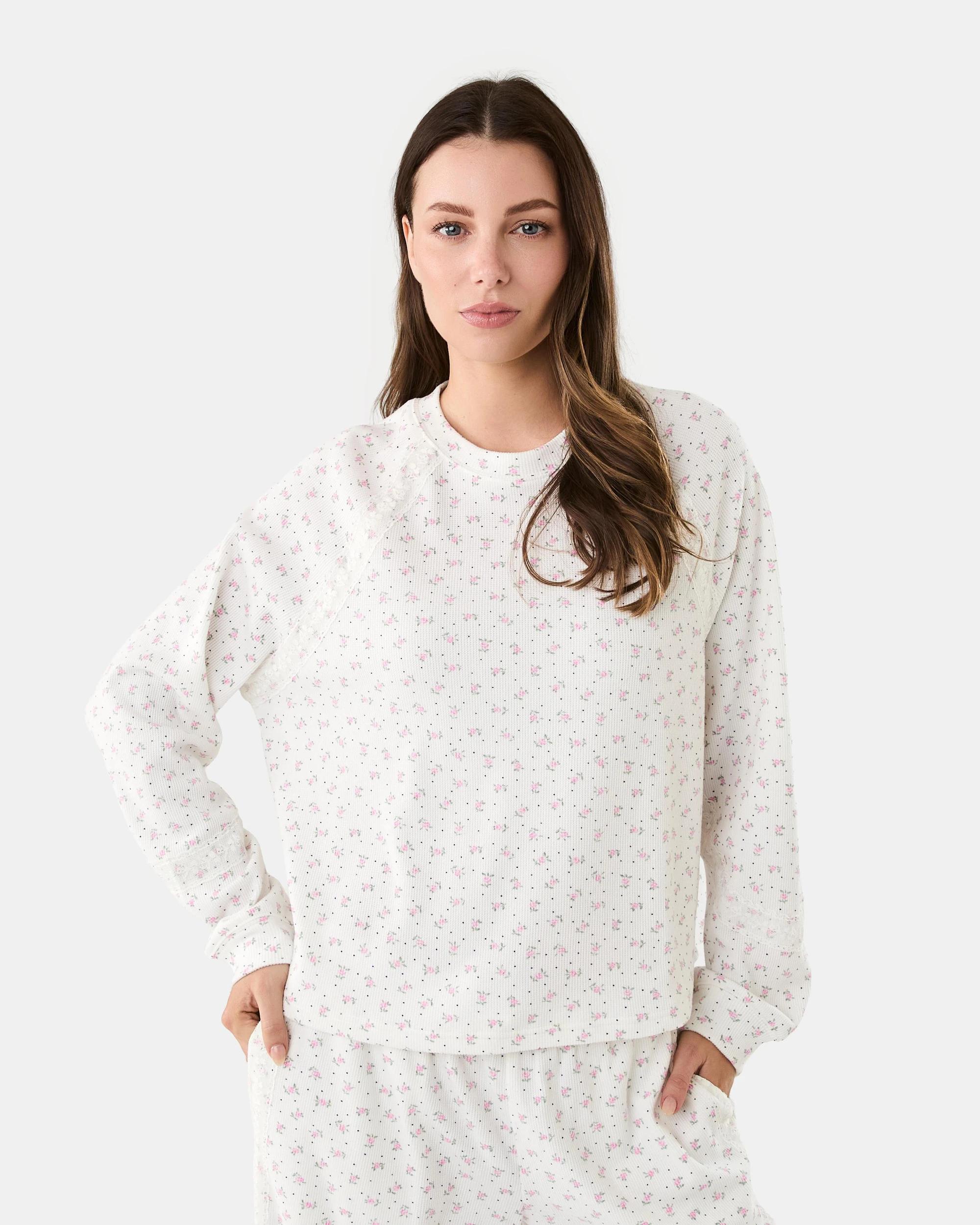 1 Long Sleeve Waffle Lace Lounge Top Rose Spot, 1 of 9