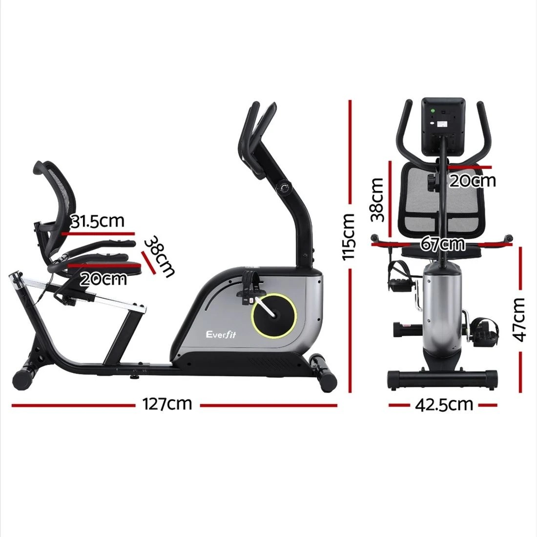 2 Everfit Recumbent Exercise Bike Magnetic Cycling Mesh Chair 120kg Loading - Black, 2 of 2