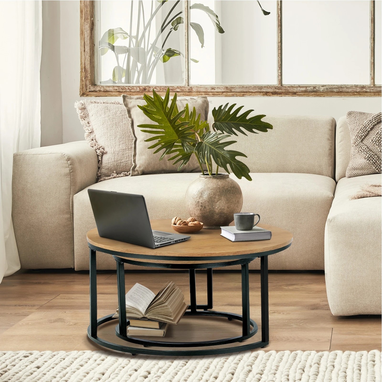 3 Oikiture Set Of 2 Coffee Table Round Nesting Side End Table
 - Natural, 3 of 10