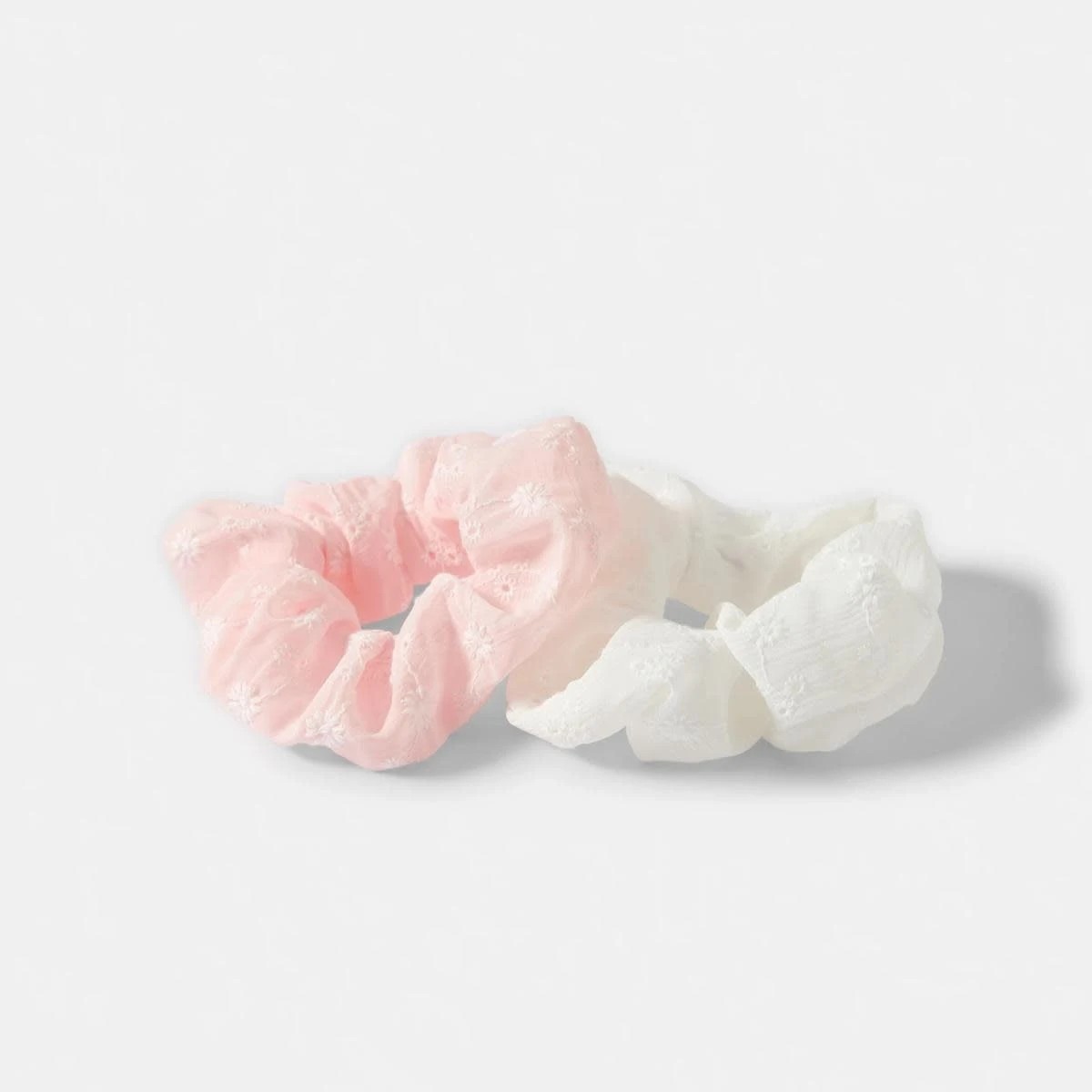 2 2 Pack Embroidered Flower Hair Scrunchies - Pink and White, 2 of 5