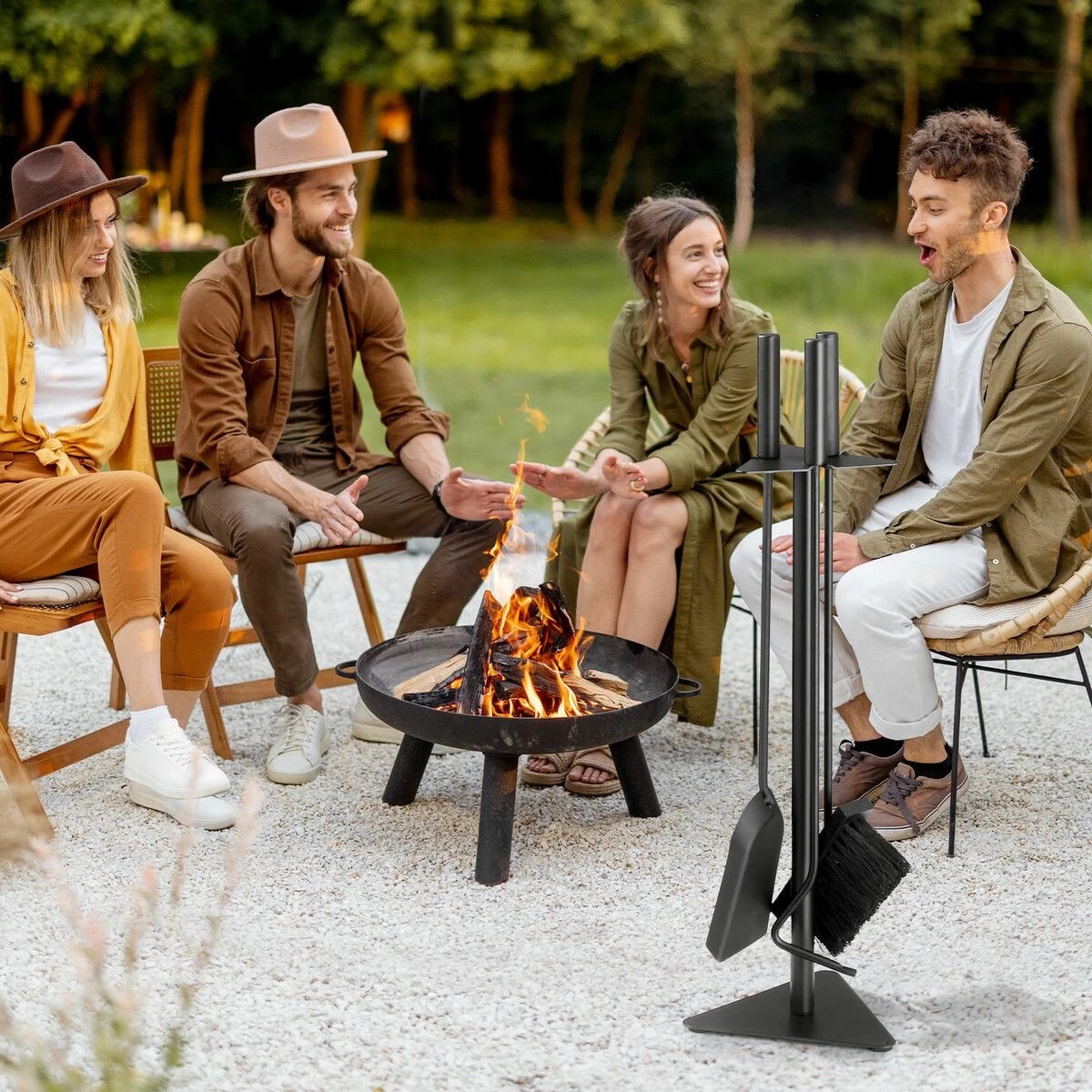 4 Ausway 4PCS Fireplace Tool Set Firepit Accessories Poker Fire Shovel Brush Stand Cast Iron Black, 4 of 5