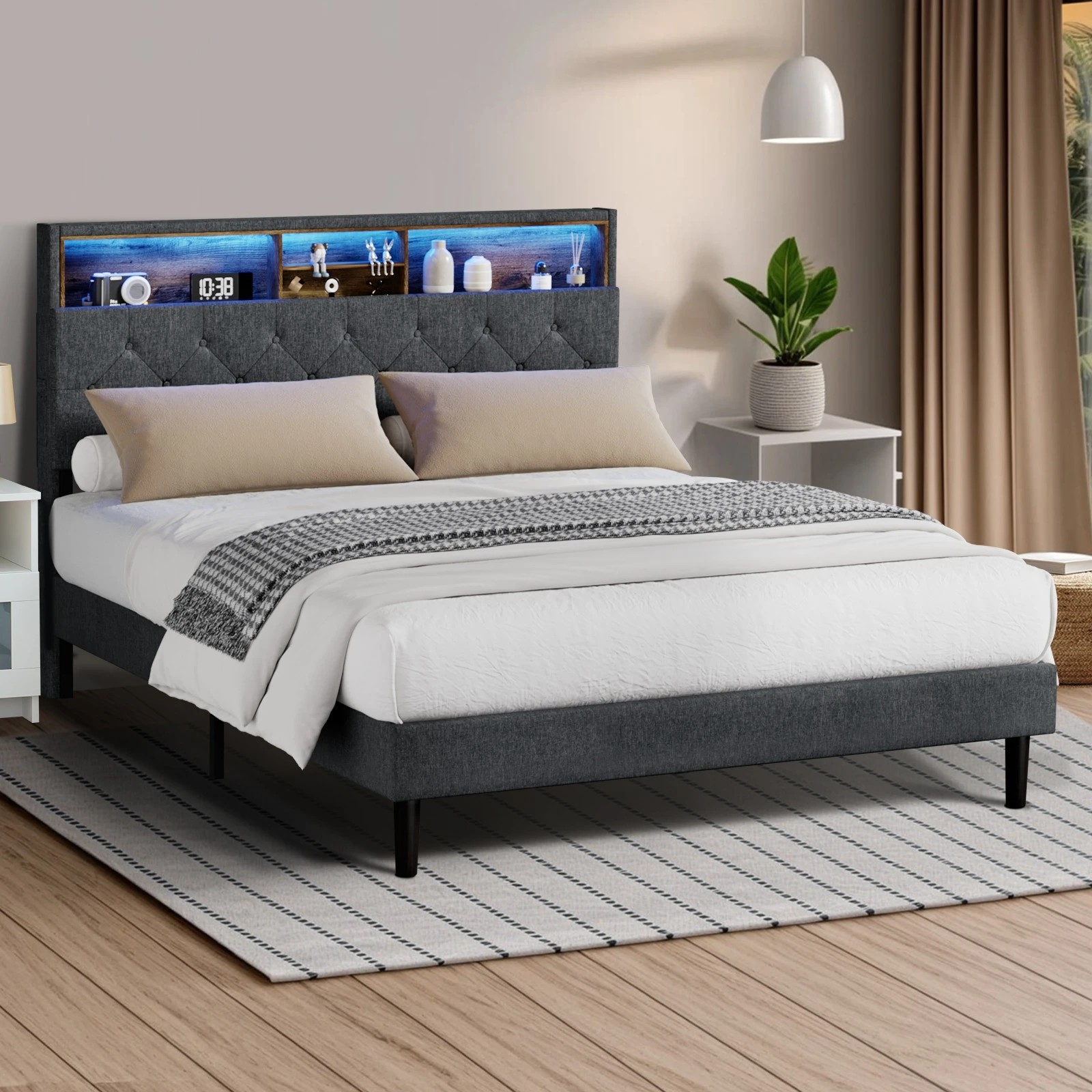2 Oikiture Queen Bed With Led Storage Bedhead Bed Frame
 - Grey, 2 of 10