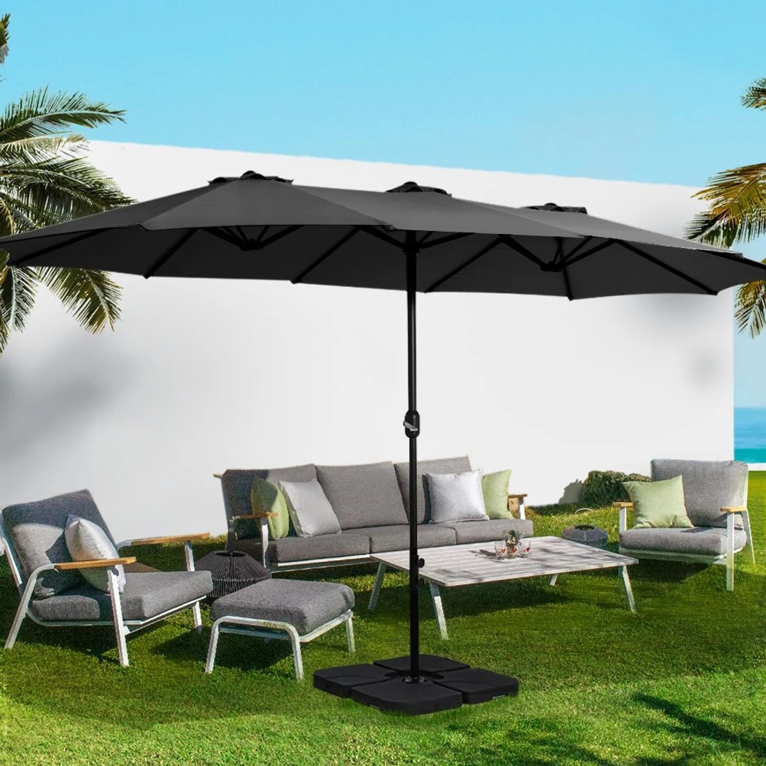3 Instahut 4.57m Outdoor Umbrella w/Base Stand Beach Pole Garden Tilt - Black, 3 of 5