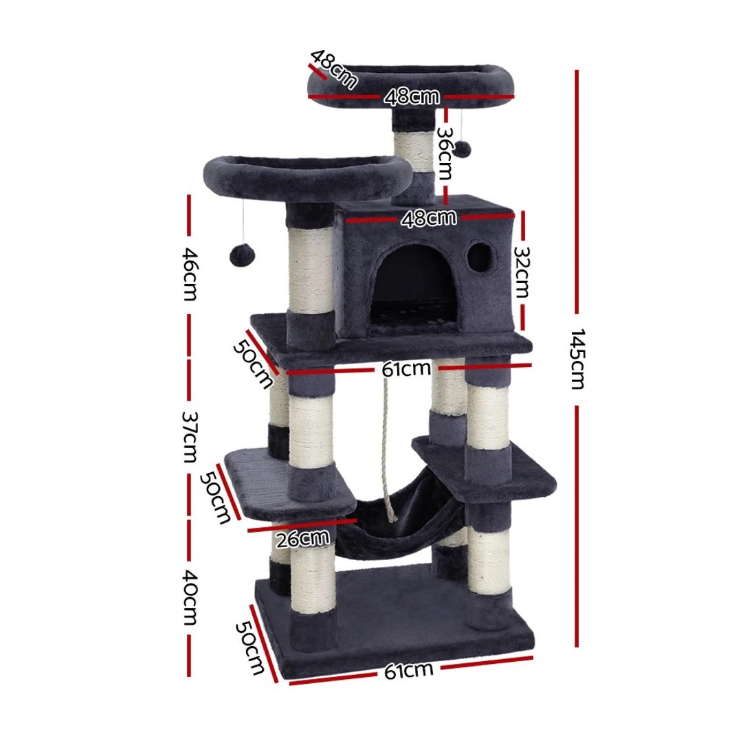 2 i.Pet Cat Tree 145cm Tower Scratching Post Scratcher Wood Condo House Large Bed - Grey, 2 of 7