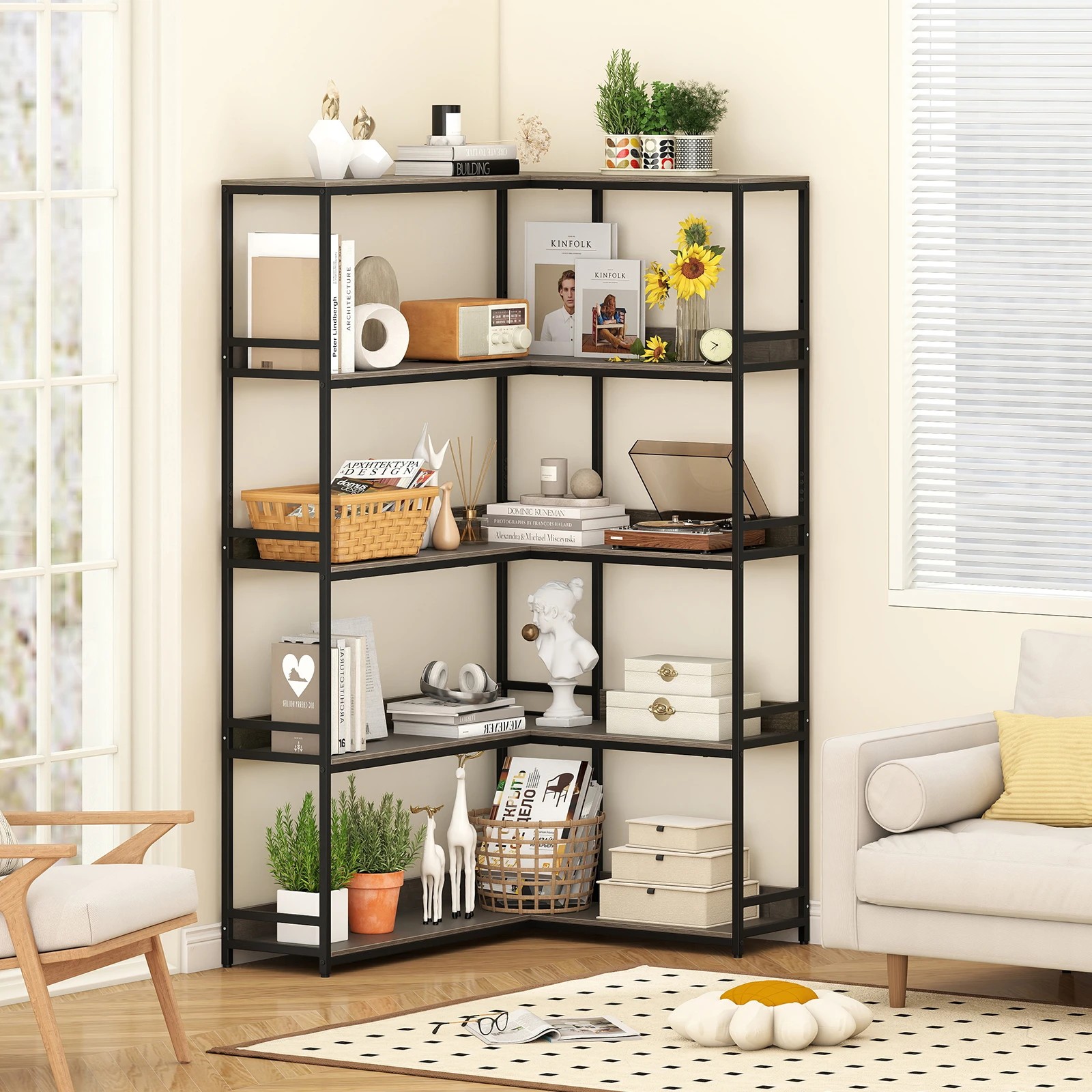 4 Costway 180CM Corner Bookshelf 5-Tier L-Shaped Utility Shelves Metal Frame Bookcase, 4 of 4