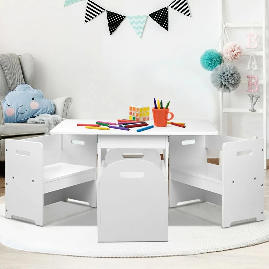 8 Keezi 3PCS Kids Table and Chairs Set Storage Toys Play Activity Desk - White, 8 of 8
