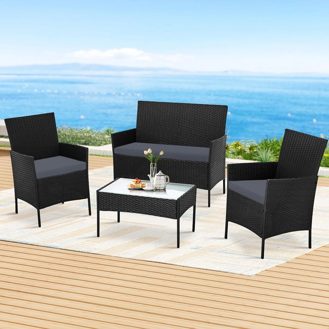 3 Gardeon 4 Seater Outdoor Sofa Set Wicker Setting Table Chair Furniture - Black, 3 of 8