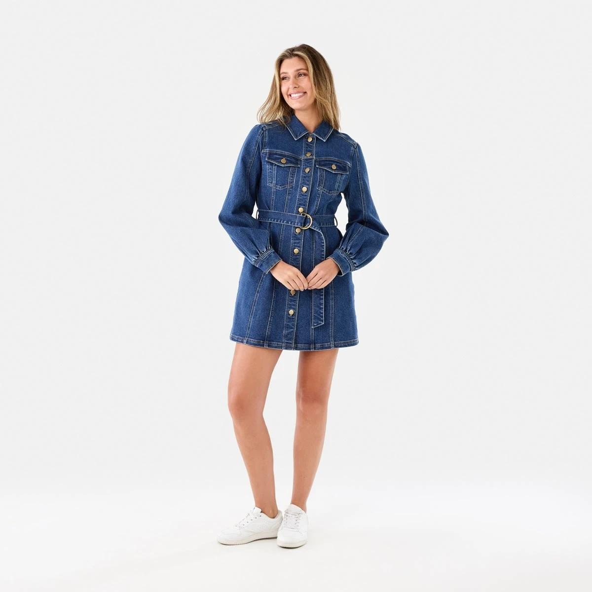 7 Long Sleeve Belted Denim Mini Dress Mid Wash, 7 of 7