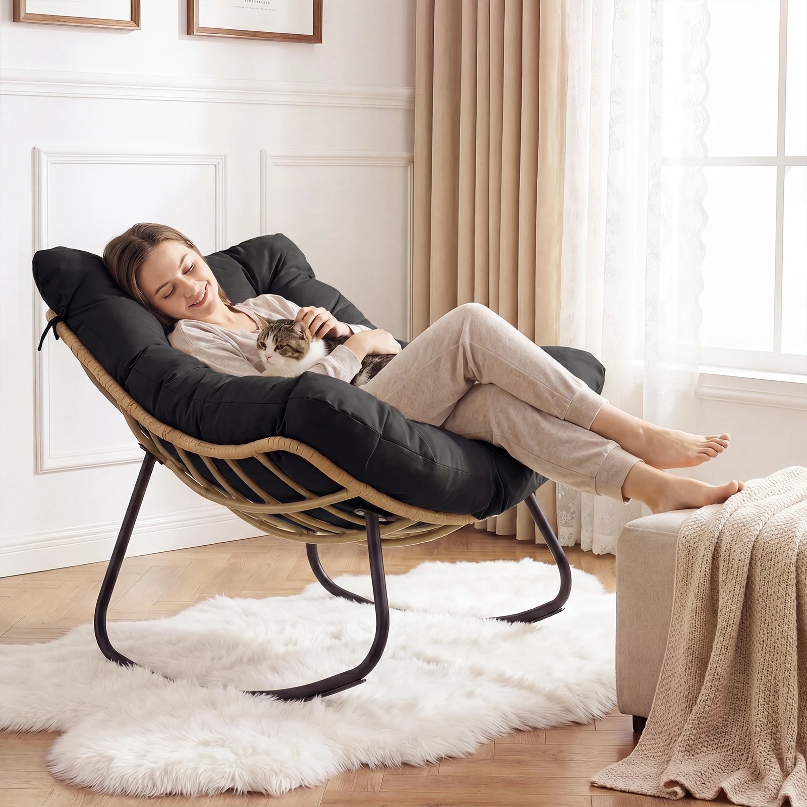 6 Costway Outdoor Papasan Rocking Chair w/Cushion Oversized PE Wicker Egg Chair - Black, 6 of 6